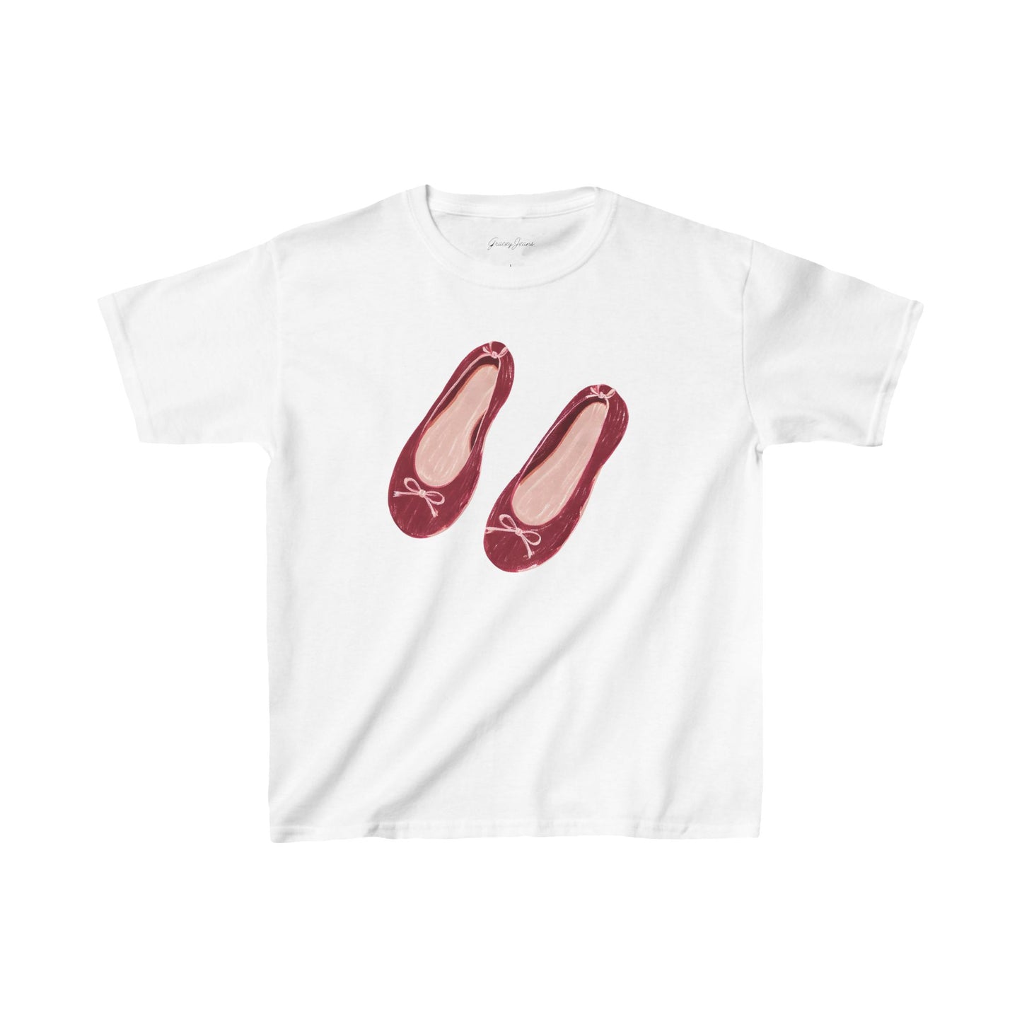 White baby tee with red purple burgundy pink ballet flats graphic – coquette aesthetic crop top for women, soft cotton Y2K-inspired shirt with girly vintage style by Gracey Jeans