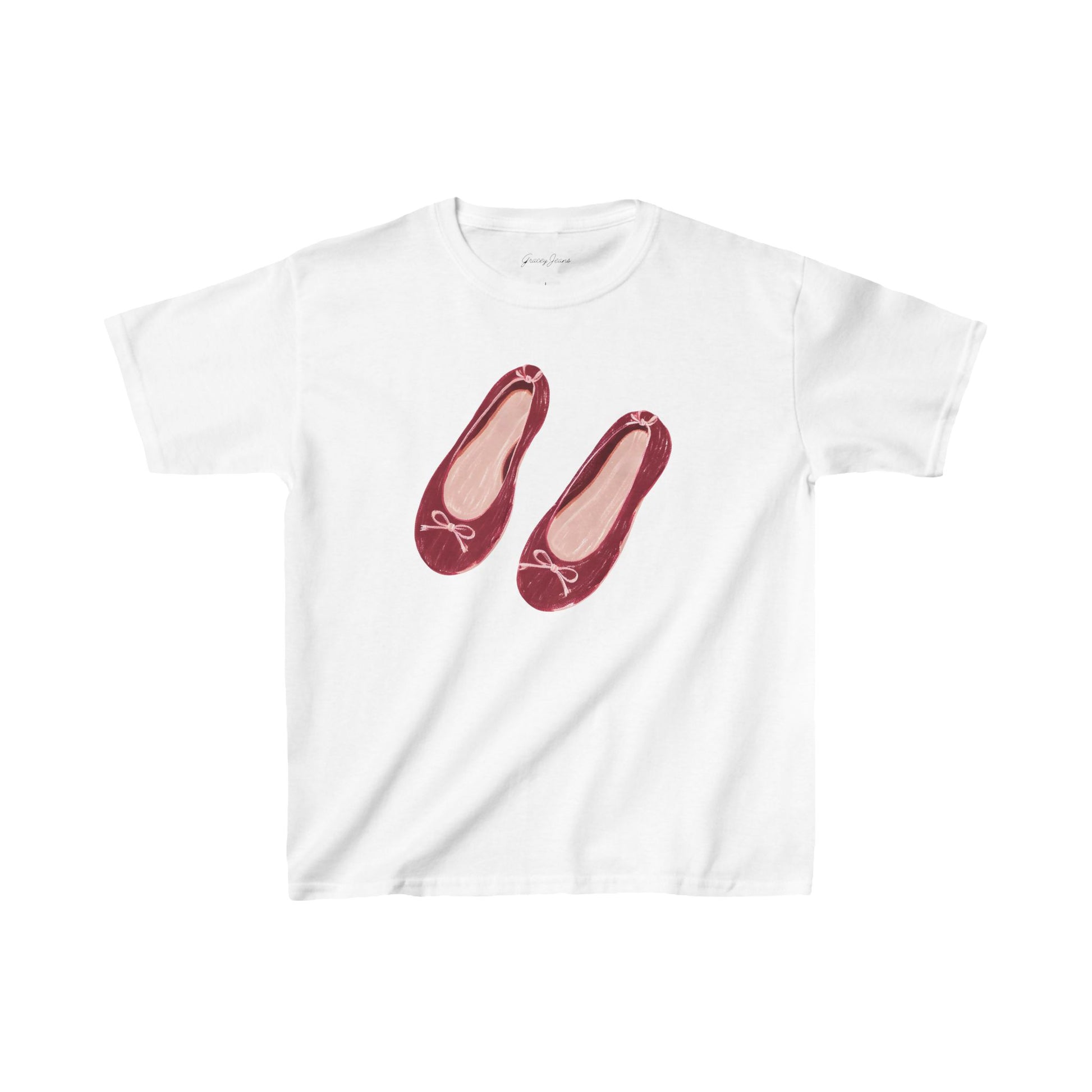 White baby tee with red purple burgundy pink ballet flats graphic – coquette aesthetic crop top for women, soft cotton Y2K-inspired shirt with girly vintage style by Gracey Jeans
