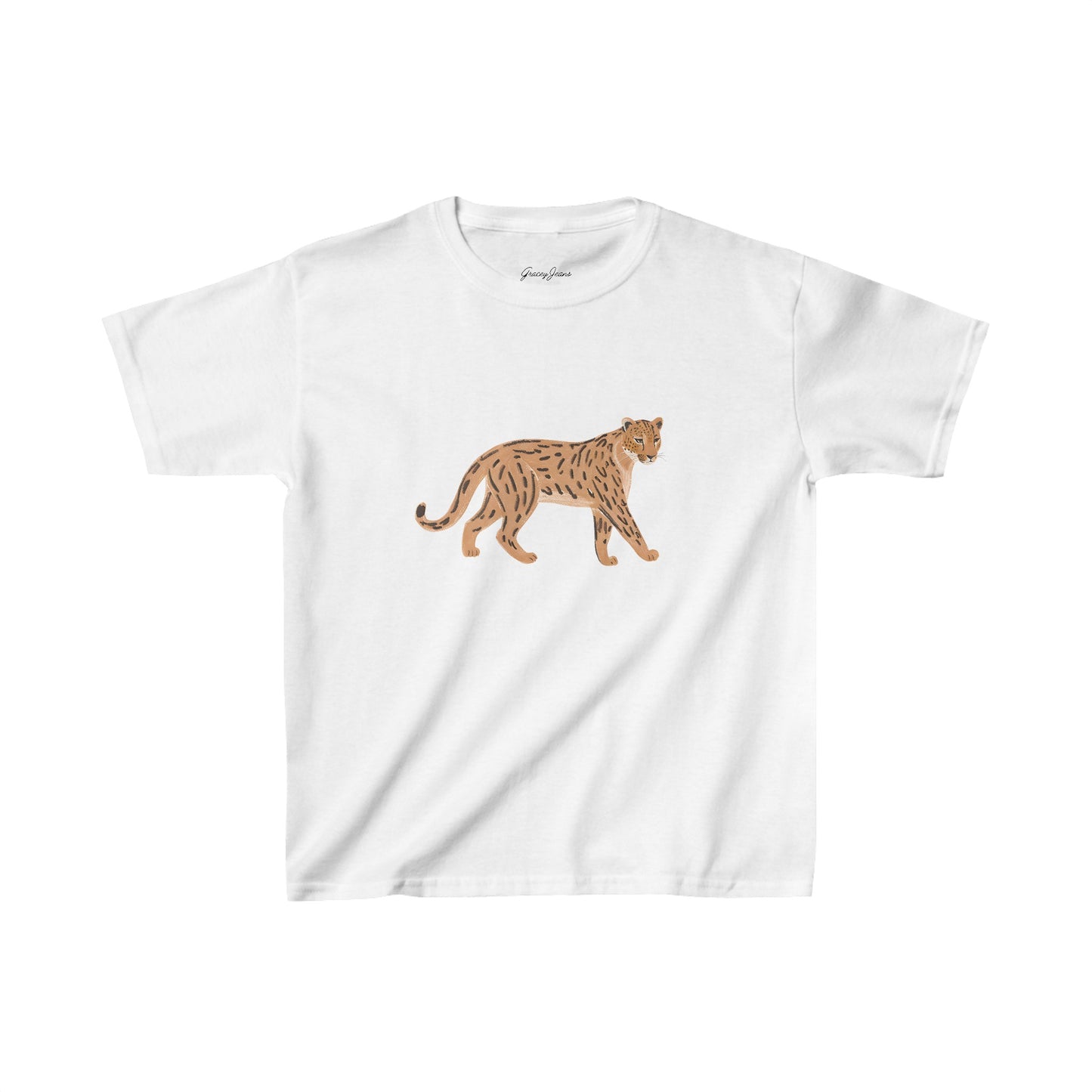 White baby tee with walking cheetah leopard graphic – Y2K-inspired leopard print crop top for women, trendy and vintage-style cotton shirt by Gracey Jeans