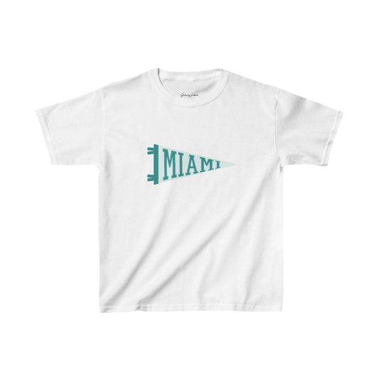 White baby tee with teal Miami pennant graphic – vintage-inspired Y2K crop top for women, trendy college-style t-shirt made with soft cotton by Gracey Jeans