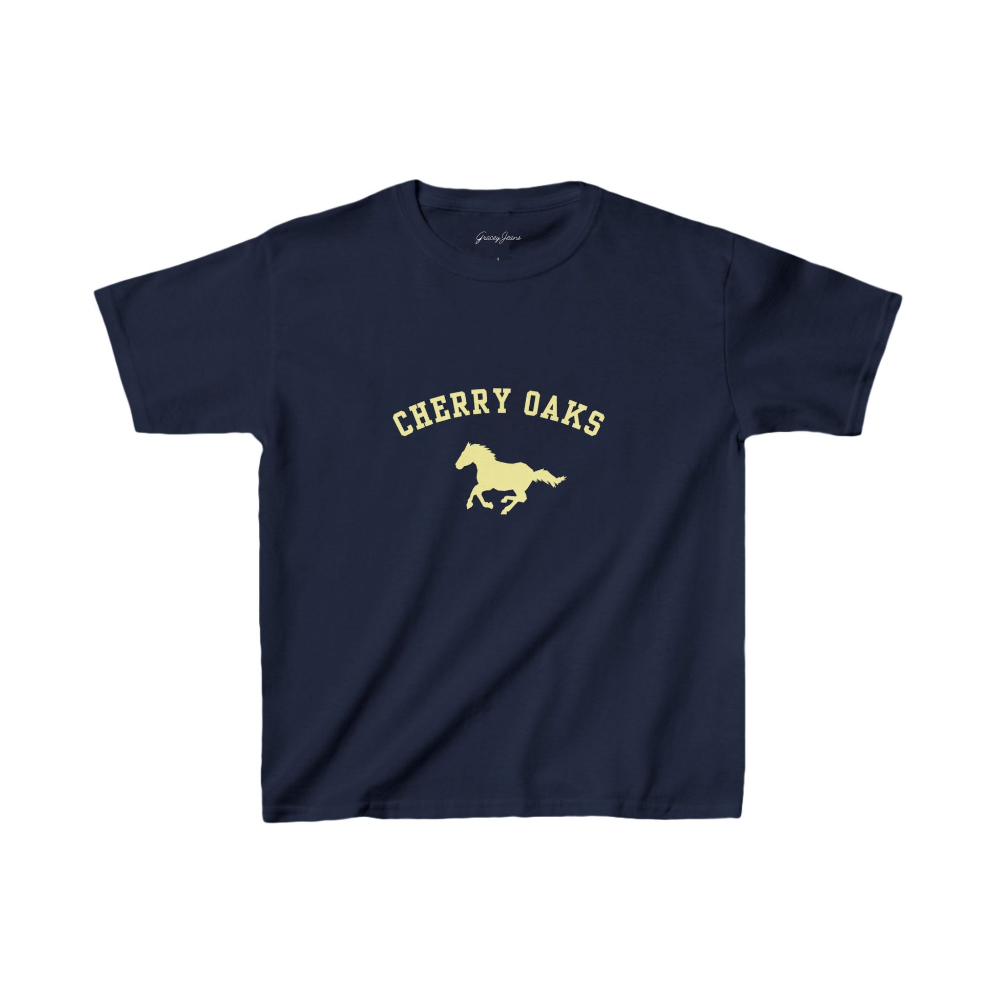 Gray navy baby tee with yellow horse and Cherry Oaks graphic, retro Y2K crop top for women, soft cotton vintage-inspired t-shirt – Gracey Jeans