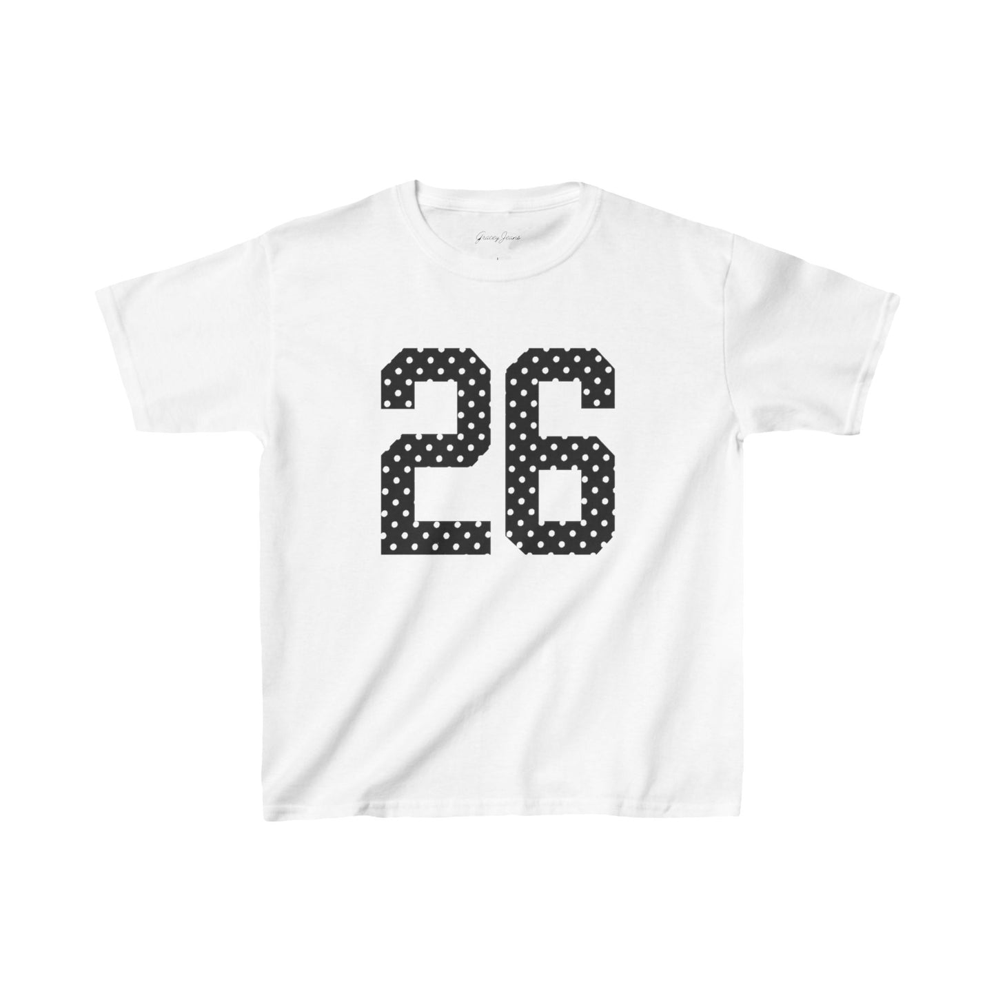 White baby tee with black polka dot 26 graphic – trendy Y2K-inspired jersey-style crop top for women, sporty and retro cotton shirt by Gracey Jeans