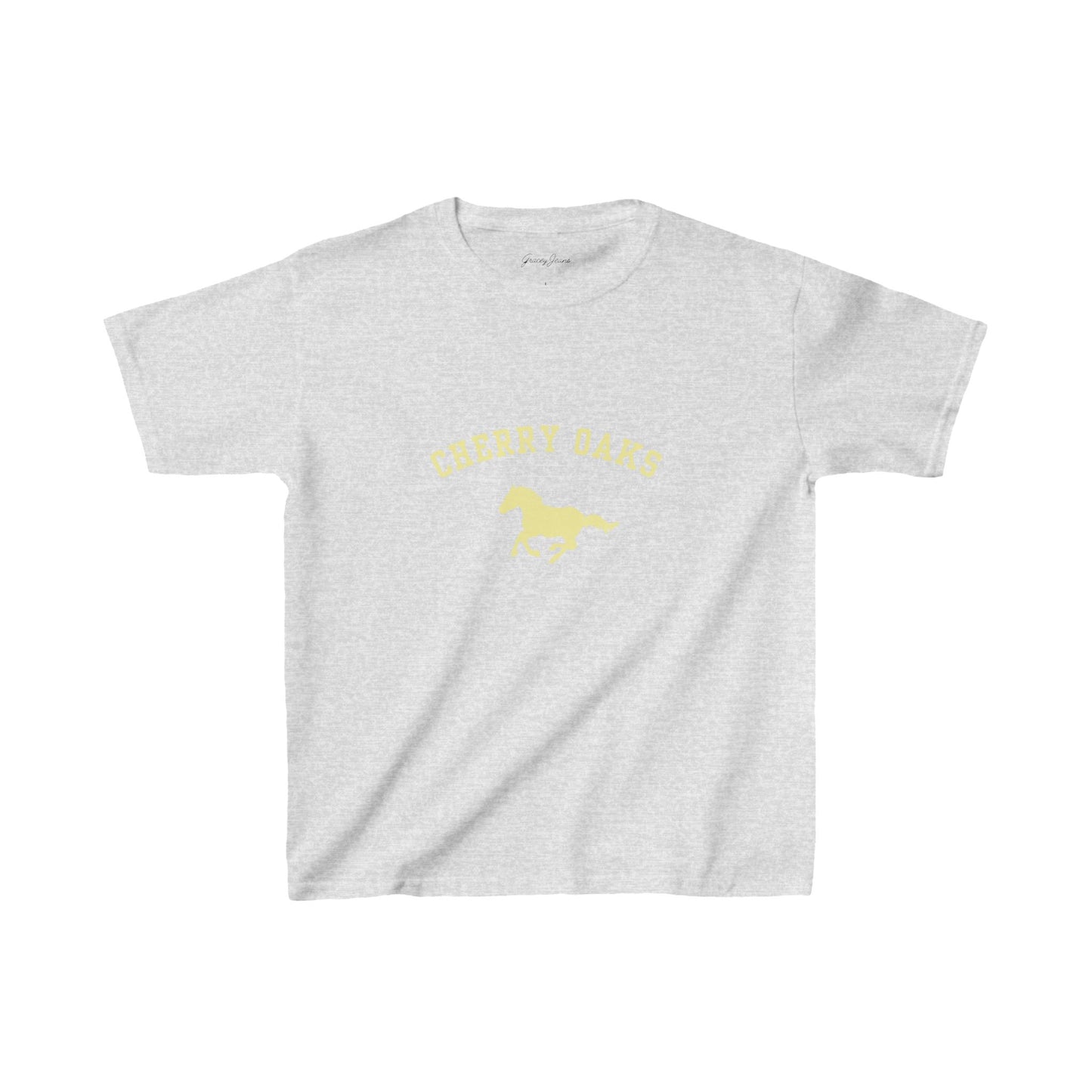 Gray navy baby tee with yellow horse and Cherry Oaks graphic, retro Y2K crop top for women, soft cotton vintage-inspired t-shirt – Gracey Jeans