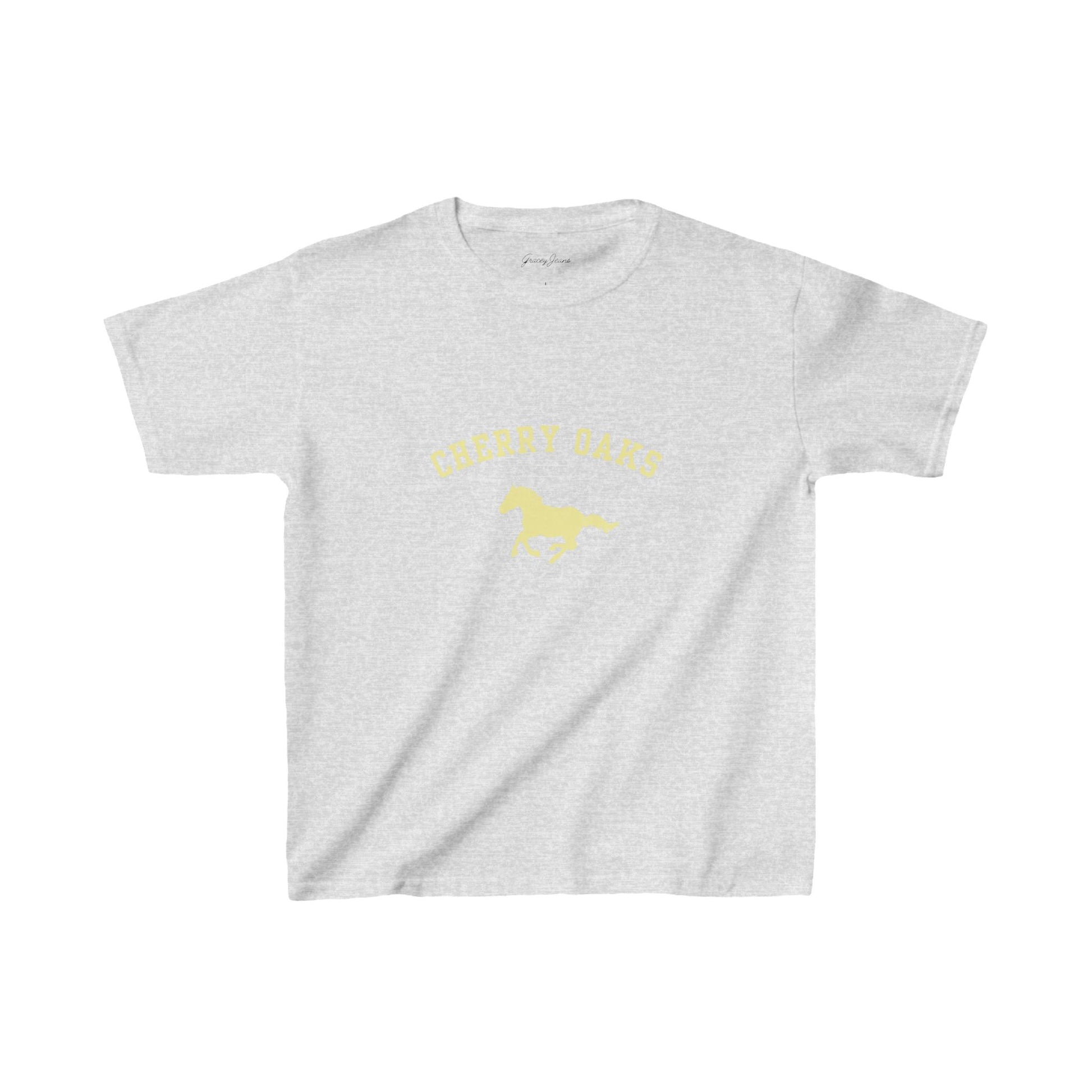 Gray navy baby tee with yellow horse and Cherry Oaks graphic, retro Y2K crop top for women, soft cotton vintage-inspired t-shirt – Gracey Jeans