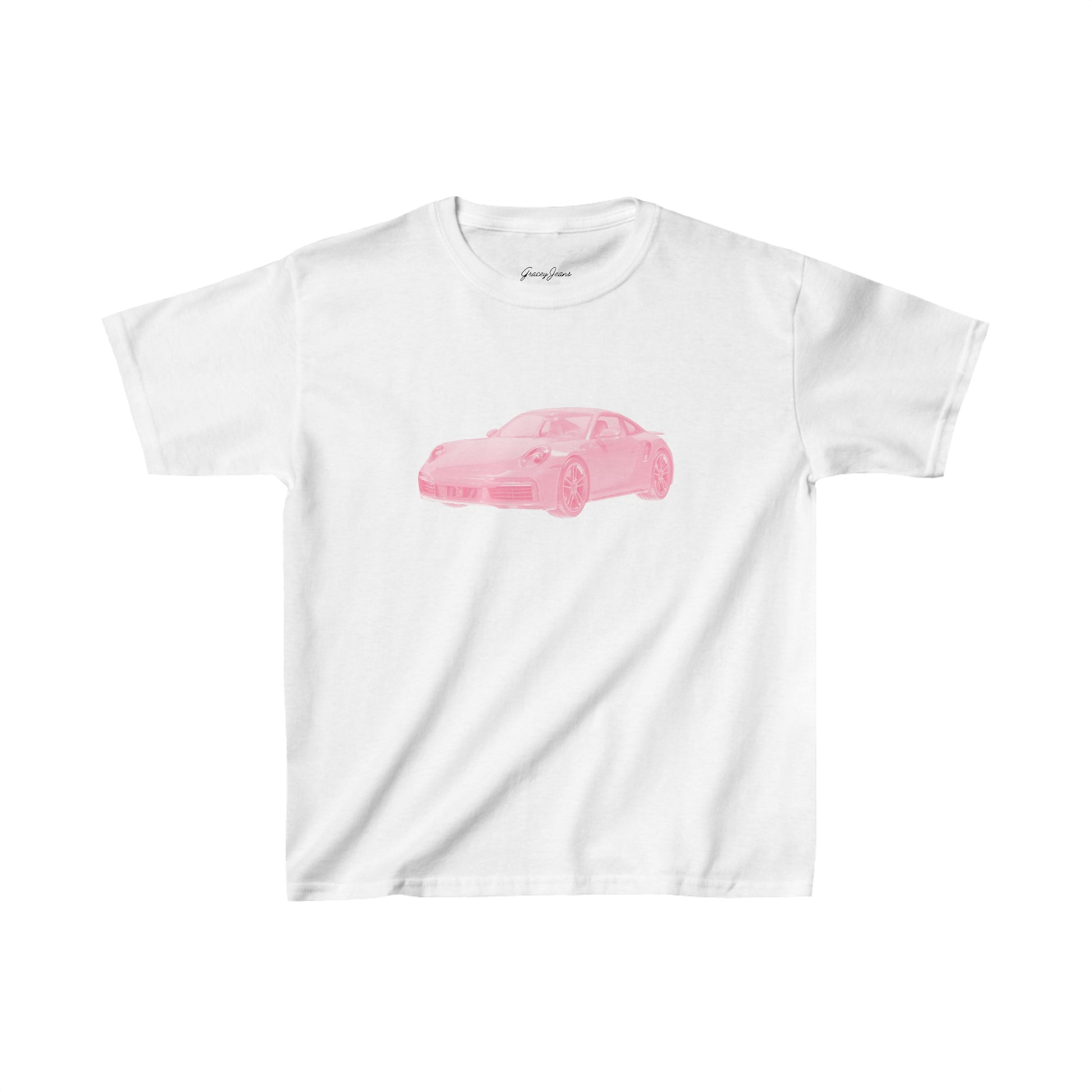 White baby tee with pink porsche sports car graphic – trendy Y2K crop top for women, retro aesthetic, soft cotton t-shirt for summer outfits by Gracey Jeans