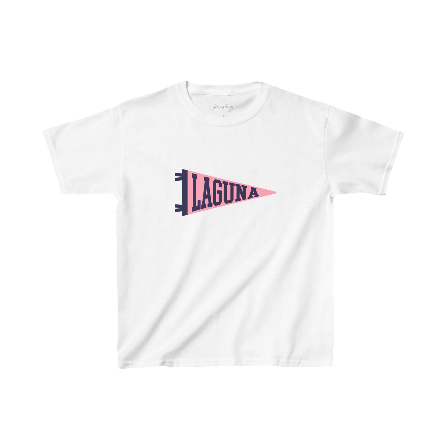 White baby tee with pink and navy Laguna pennant graphic – Y2K-inspired college-style crop top for women, cute and retro cotton shirt by Gracey Jeans