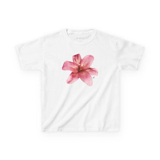 White baby tee with large pink lily flower graphic – soft and feminine Y2K-inspired crop top for women, floral aesthetic cotton shirt by Gracey Jeans