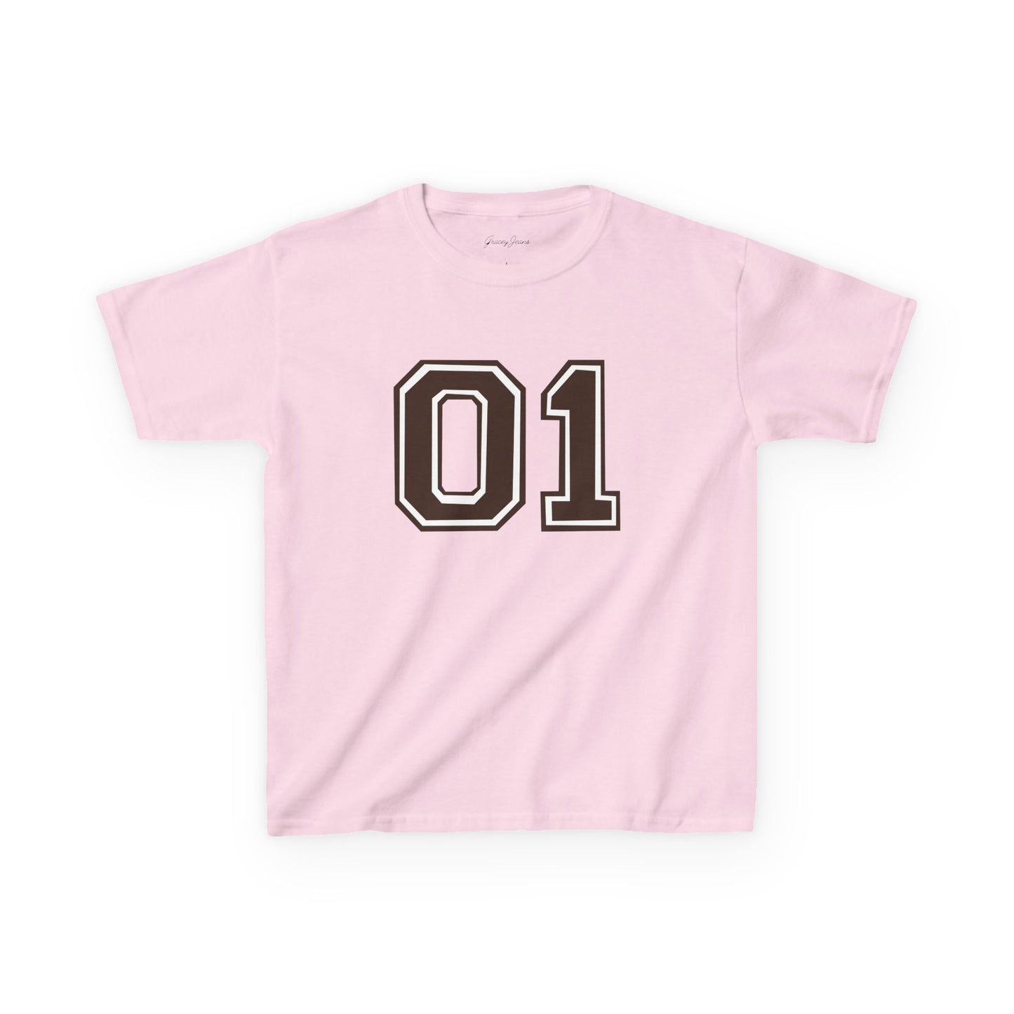 Light pink white baby tee with bold brown 01 jersey-style graphic – sporty Y2K crop top for women, trendy and cute cotton shirt by Gracey Jeans