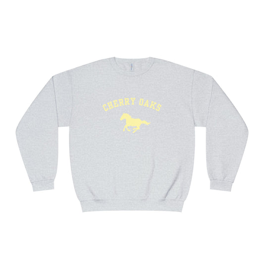 Heather gray navy crewneck sweatshirt with yellow Cherry Oaks horse graphic – vintage western-inspired pullover for women, cozy cotton fleece by Gracey Jeans
