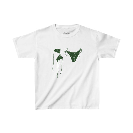 White baby tee with green bikini graphic, Y2K-inspired summer crop top for women, soft cotton beach shirt – Gracey Jeans