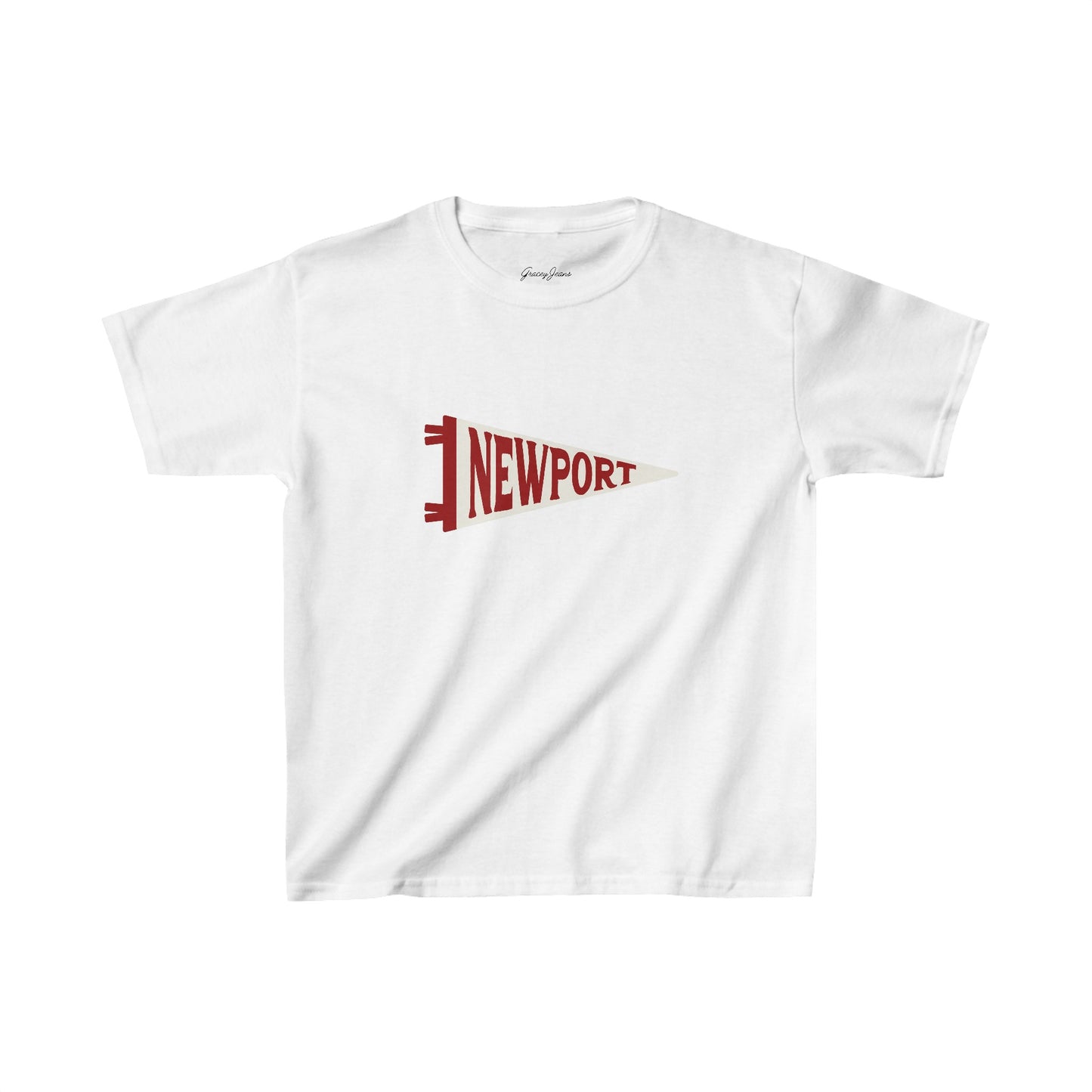 White baby tee with red Newport pennant graphic – trendy Y2K college-style crop top, retro cotton t-shirt for women’s everyday outfits by Gracey Jeans