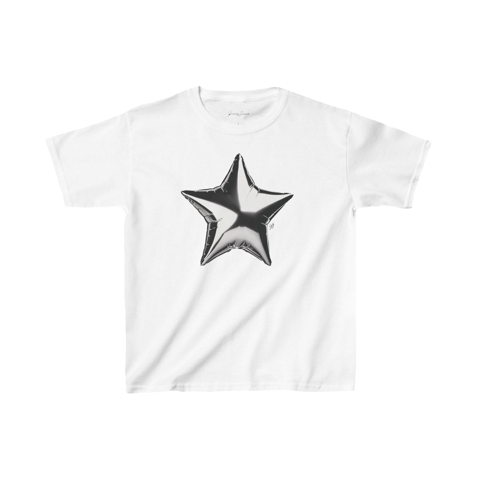 White baby tee with metallic chrome silver star balloon graphic – Y2K-inspired crop top for women, trendy and bold aesthetic cotton shirt by Gracey Jeans