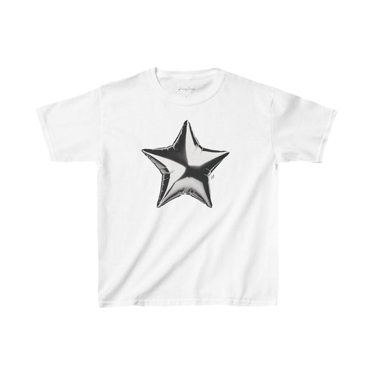 White baby tee with metallic chrome silver star balloon graphic – Y2K-inspired crop top for women, trendy and bold aesthetic cotton shirt by Gracey Jeans