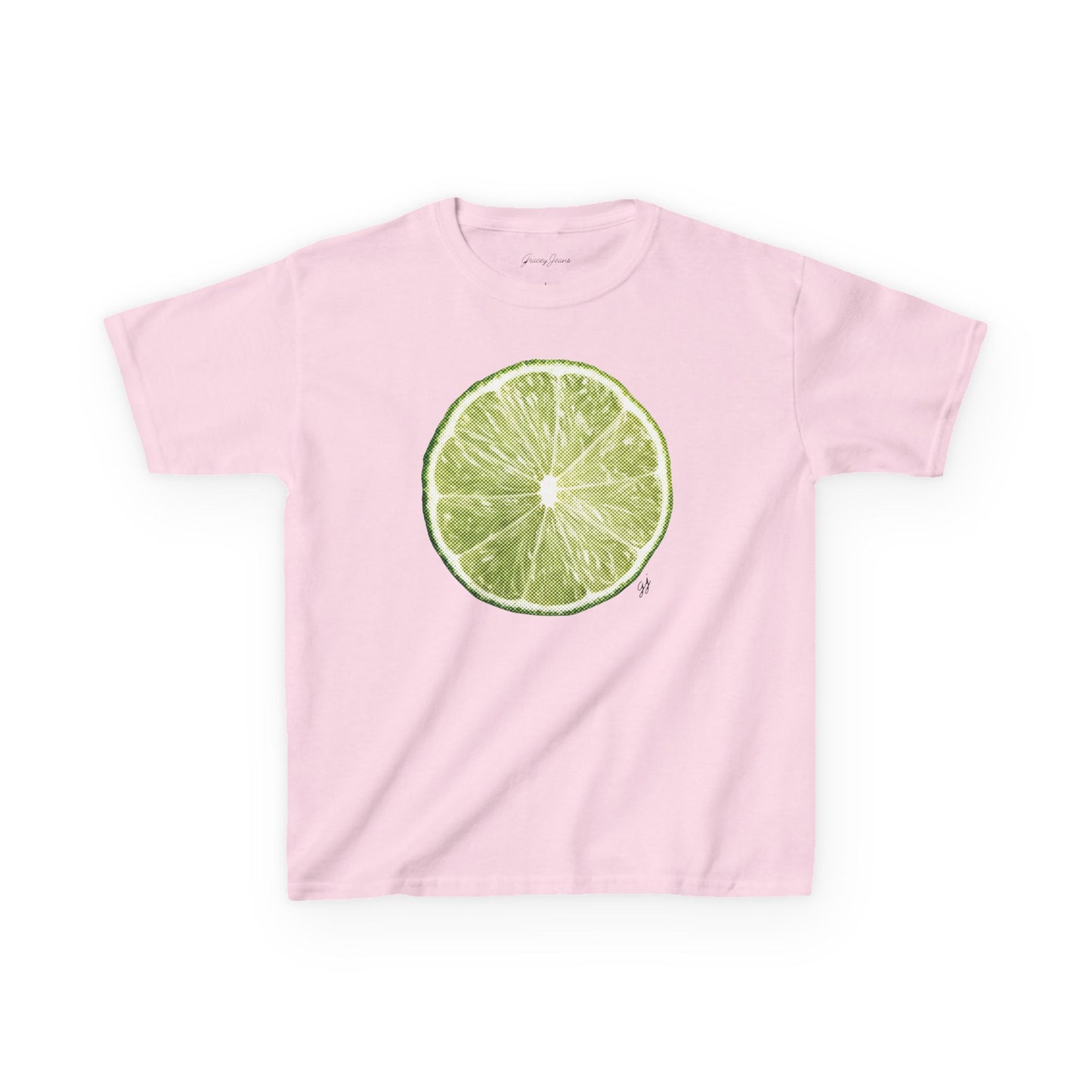White pink baby tee with bold green lime slice graphic – fruity and fresh Y2K crop top for women, fun summer cotton shirt by Gracey Jeans