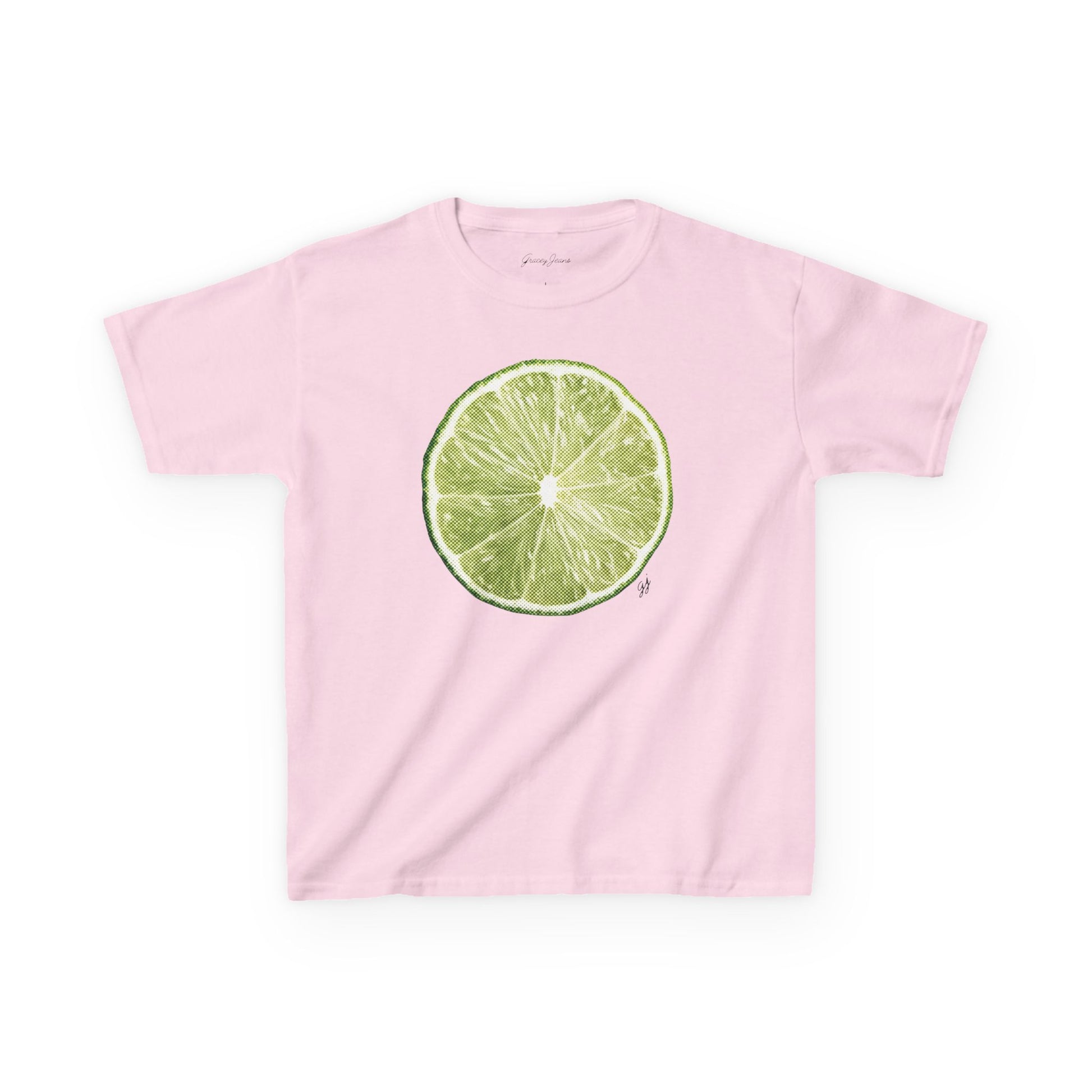 White pink baby tee with bold green lime slice graphic – fruity and fresh Y2K crop top for women, fun summer cotton shirt by Gracey Jeans