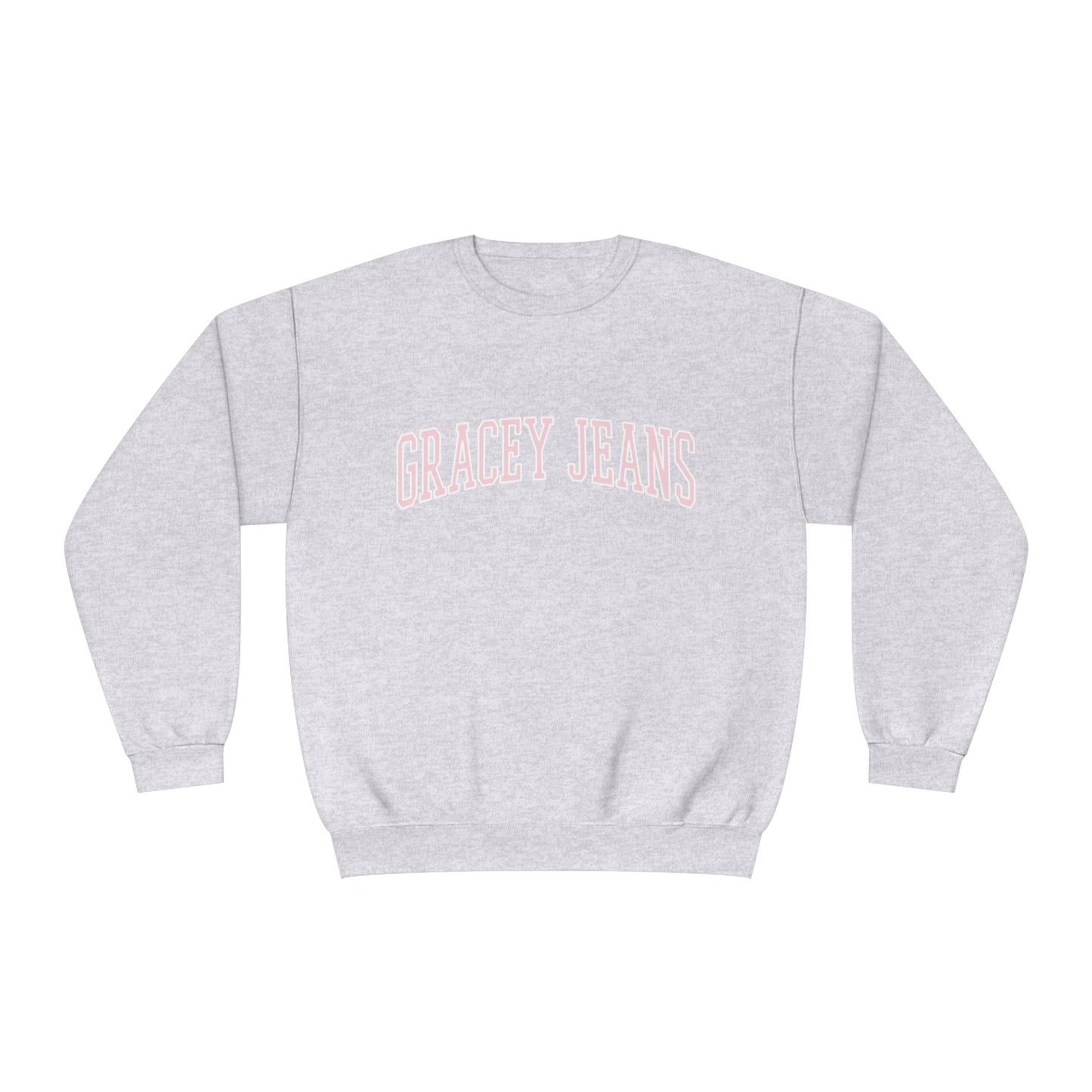 Red Ash grey gray navy crewneck sweatshirt with bold white pink GRACEY JEANS text – retro college-style oversized pullover for women, cozy cotton fleece by Gracey Jeans