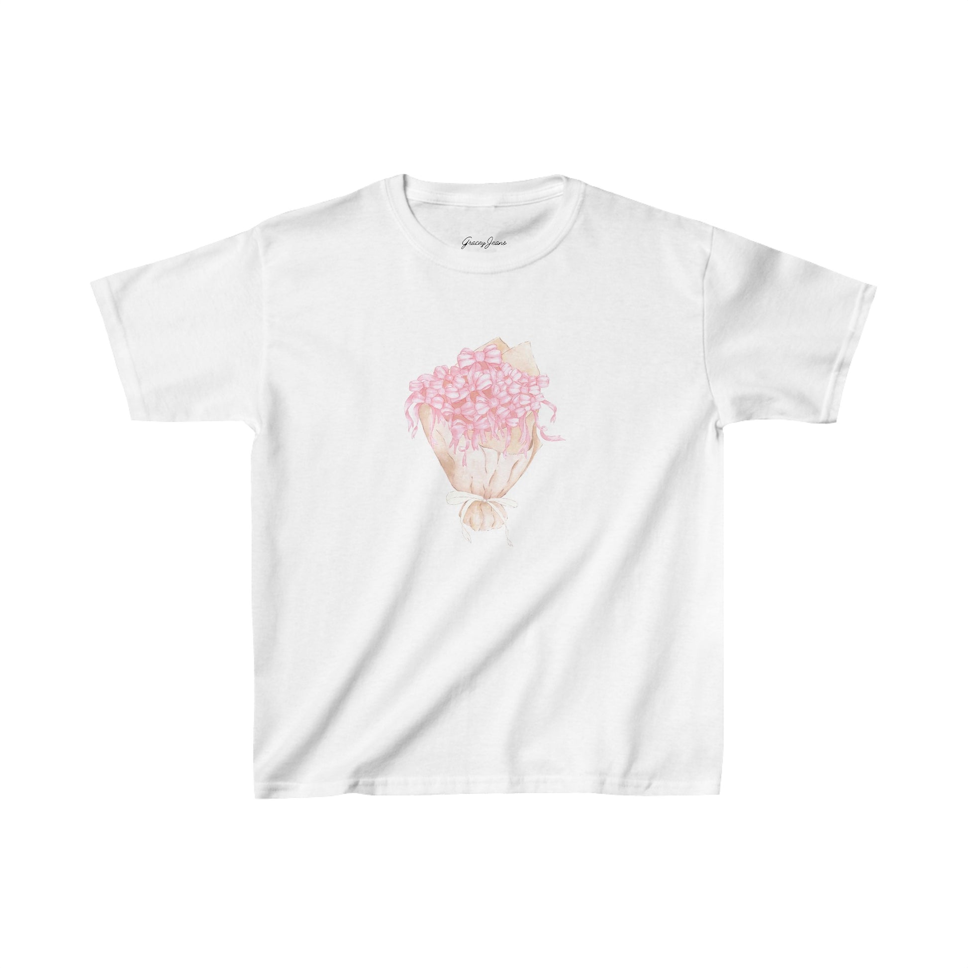White baby tee with pink flower bouquet graphic, soft cotton Y2K floral crop top for women, coquette aesthetic spring shirt – Gracey Jeans