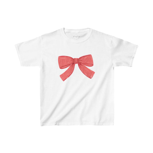 White baby tee with pink red bow graphic – girly coquette aesthetic crop top for women, soft cotton Y2K-inspired shirt by Gracey Jeans
