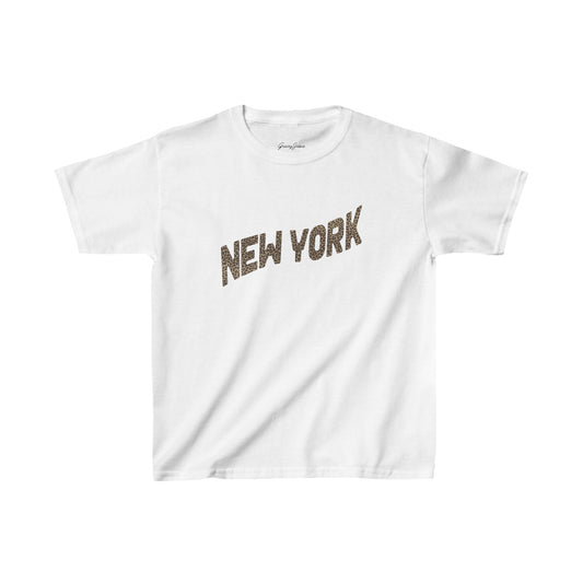 White New York NY baby tee with cheetah print lettering – trendy Y2K-inspired graphic crop top for women, vintage aesthetic, soft cotton summer shirt by Gracey Jeans
