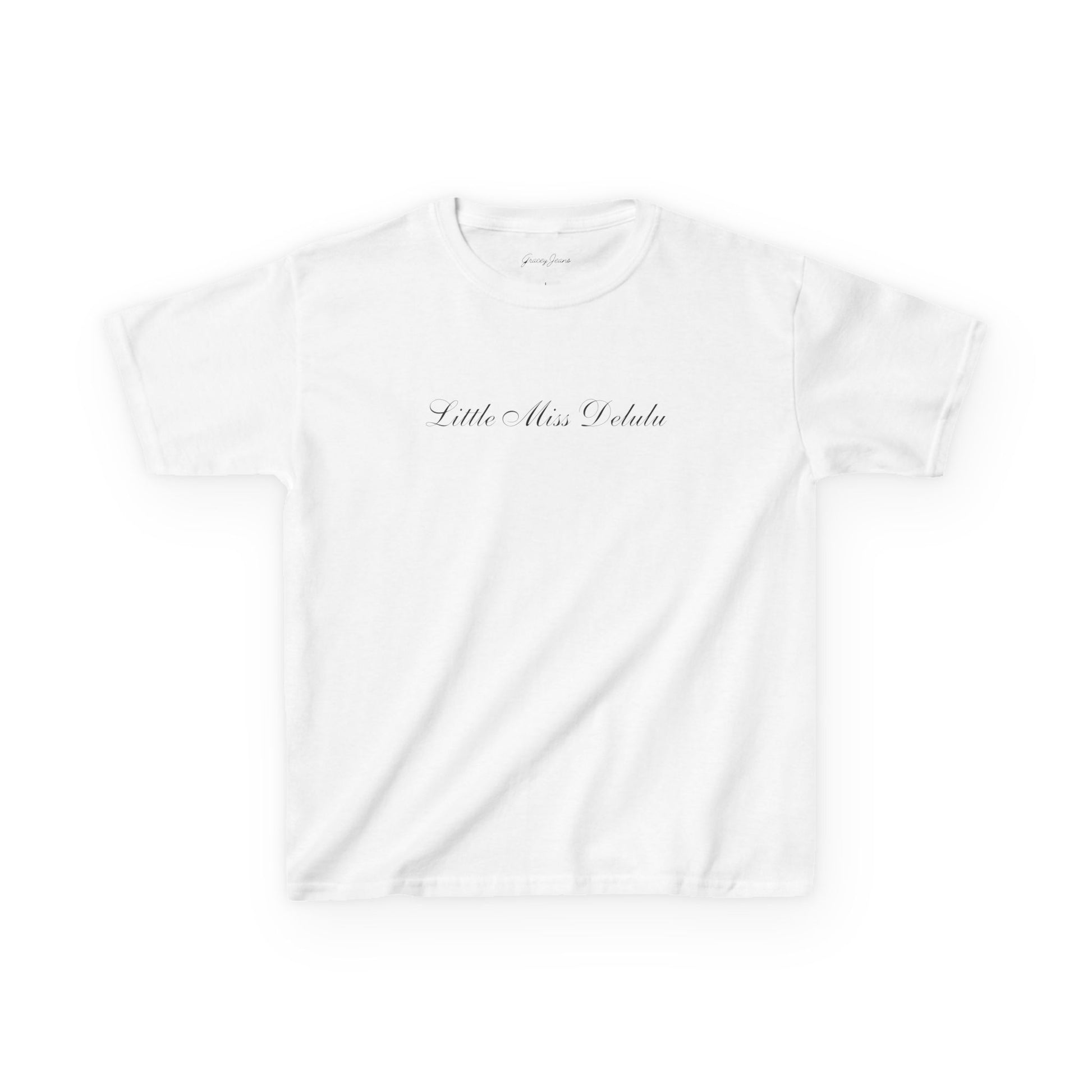 Light pink blue white baby tee with “Little Miss Delulu” script text – soft cotton Y2K crop top for women, trendy coquette aesthetic graphic tee by Gracey Jeans
