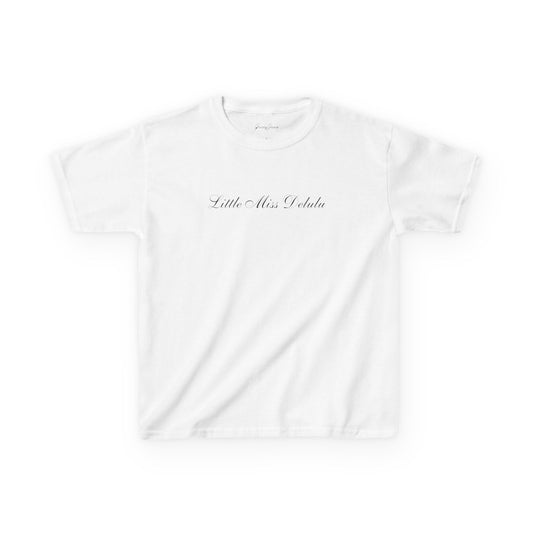 Light pink blue white baby tee with “Little Miss Delulu” script text – soft cotton Y2K crop top for women, trendy coquette aesthetic graphic tee by Gracey Jeans