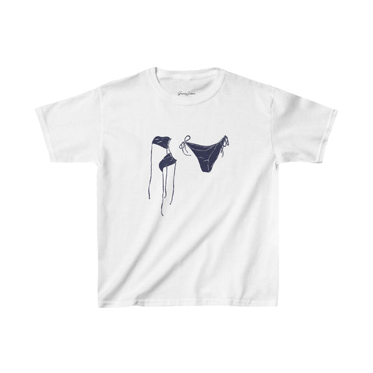 White baby tee with navy blue bikini graphic, Y2K-inspired summer crop top for women, soft cotton beach shirt – Gracey Jeans