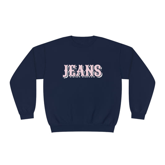 Navy crewneck sweatshirt with pink groovy saloon country western JEANS graphic – vintage Y2K-inspired pullover for women, trendy oversized cotton fleece by Gracey Jeans