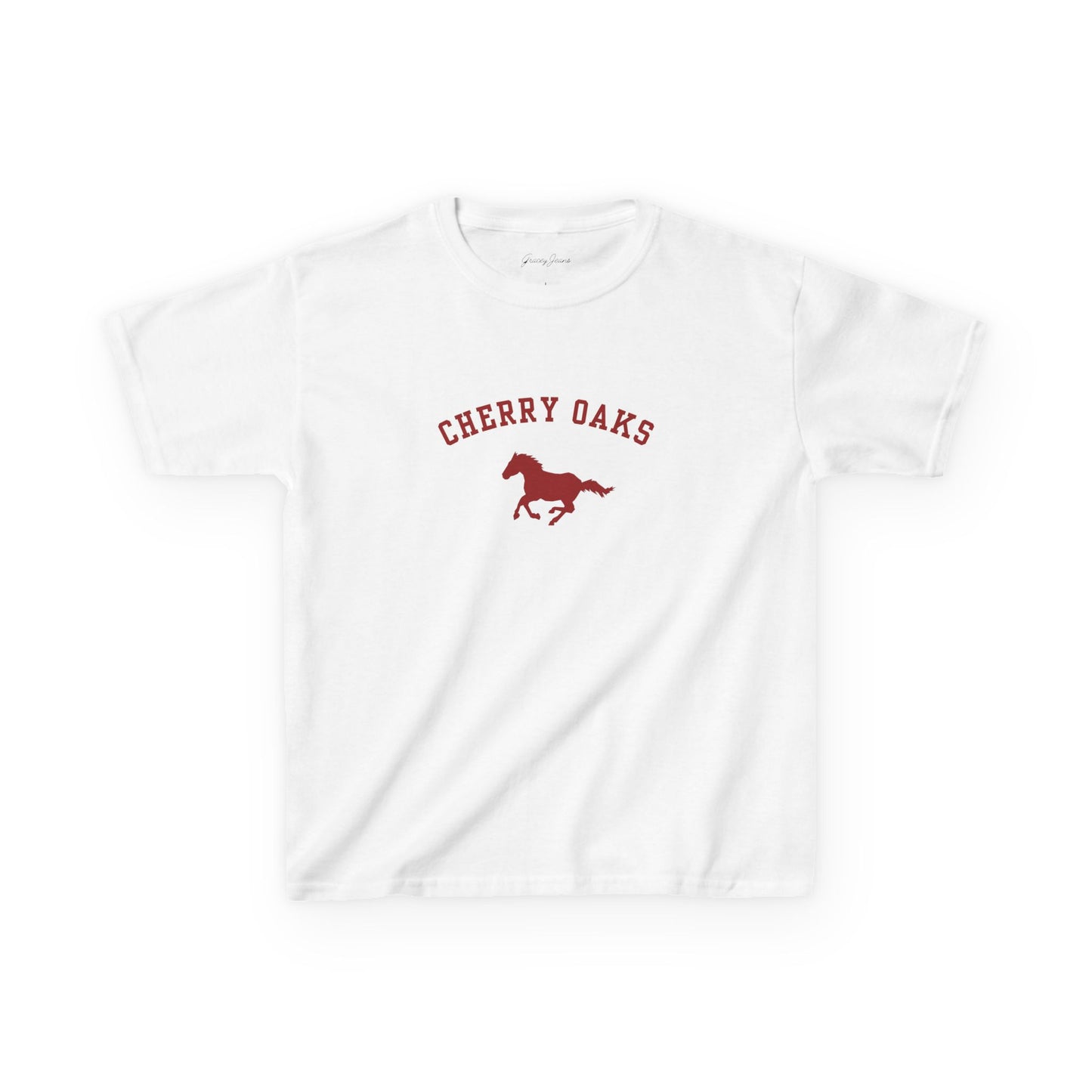 Heather gray white baby tee with red burgundy Cherry Oaks horse graphic – vintage-inspired western Y2K crop top for women, soft cotton retro shirt by Gracey Jeans