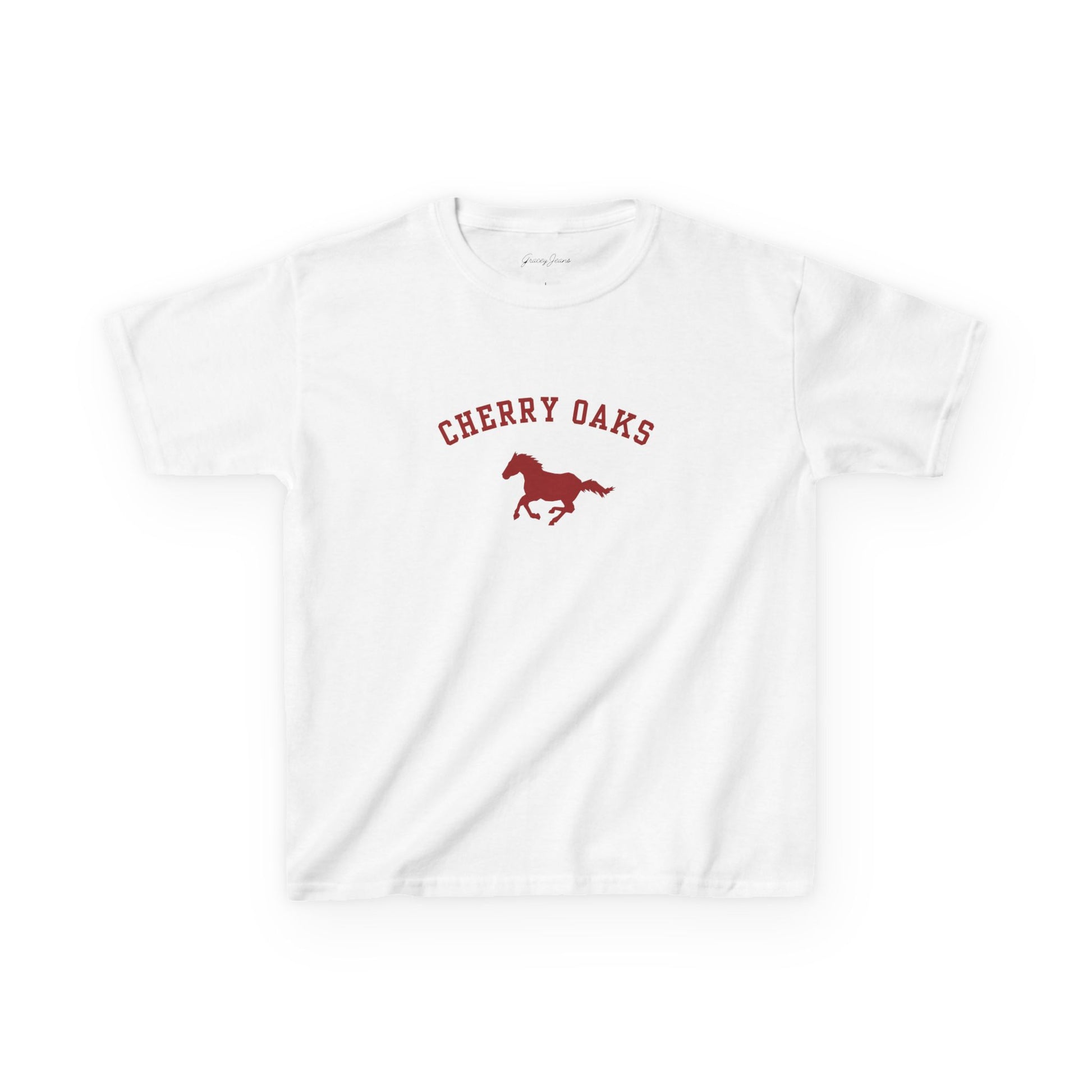 Heather gray white baby tee with red burgundy Cherry Oaks horse graphic – vintage-inspired western Y2K crop top for women, soft cotton retro shirt by Gracey Jeans