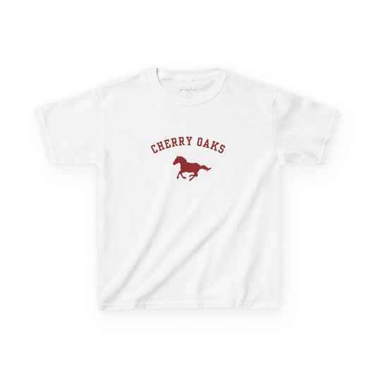 Heather gray white baby tee with red burgundy Cherry Oaks horse graphic – vintage-inspired western Y2K crop top for women, soft cotton retro shirt by Gracey Jeans