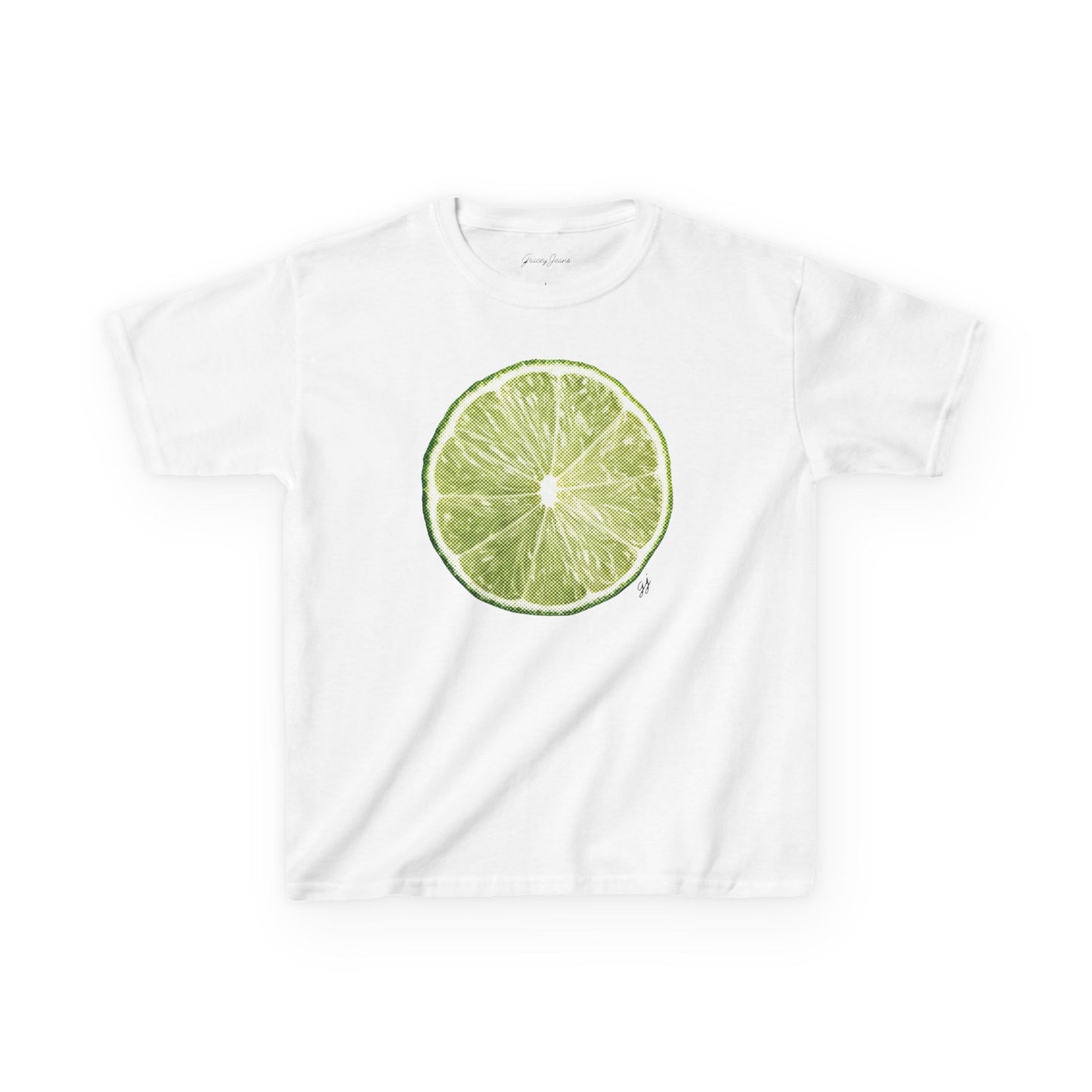 White pink baby tee with bold green lime slice graphic – fruity and fresh Y2K crop top for women, fun summer cotton shirt by Gracey Jeans