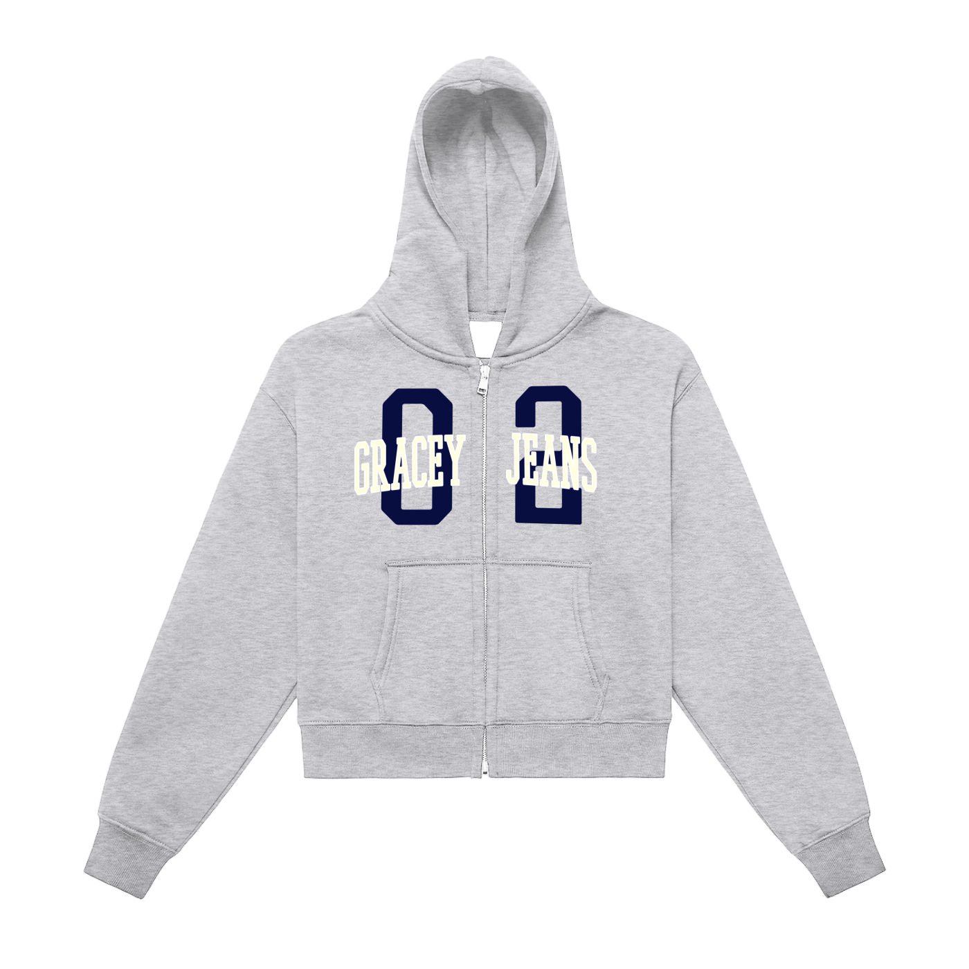 Heather gray zip-up hoodie with navy 02 and white yellow Gracey Jeans varsity college graphic – sporty Y2K-inspired cropped sweatshirt for women, cozy cotton fleece by Gracey Jeans