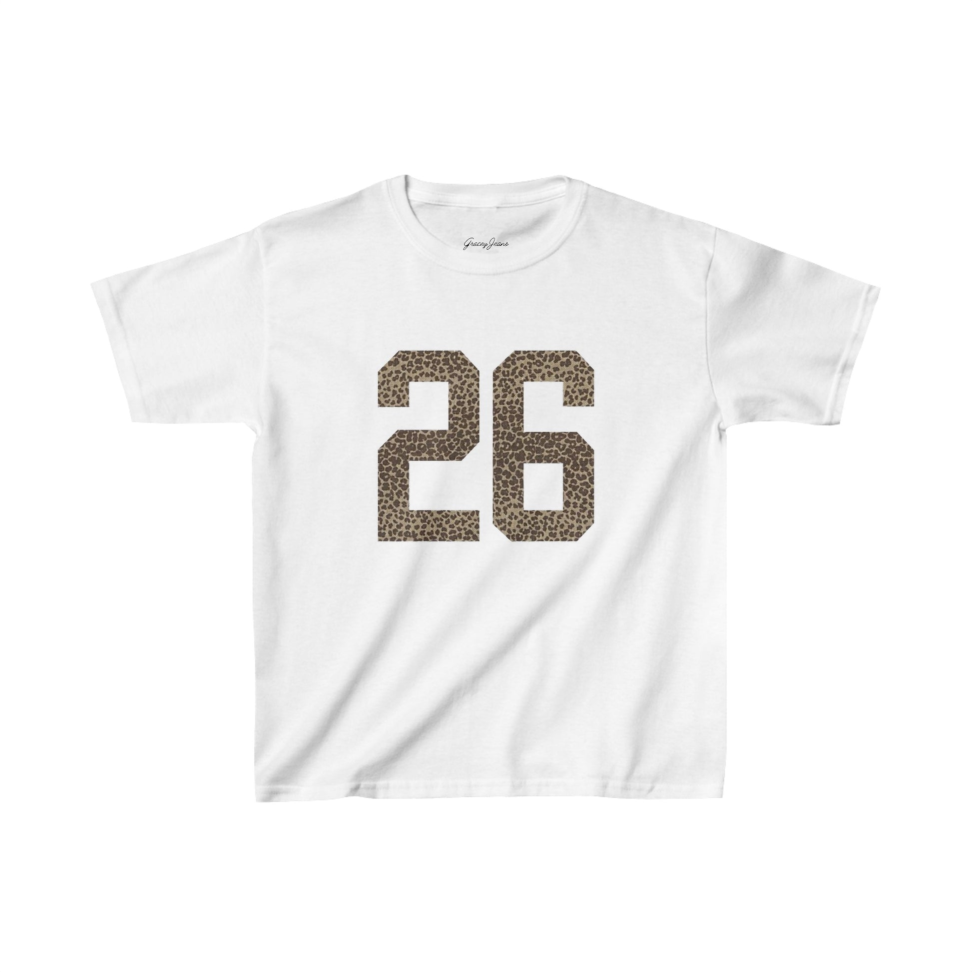 White 26 cheetah baby tee styled with lace shorts, Y2K-inspired summer outfit for women, trendy jersey crop top aesthetic – Gracey Jeans