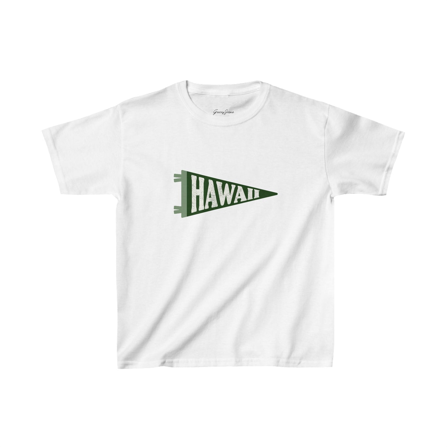 White baby tee with green Hawaii pennant graphic – retro college-style Y2K crop top, trendy cotton t-shirt for women’s summer fashion by Gracey Jeans