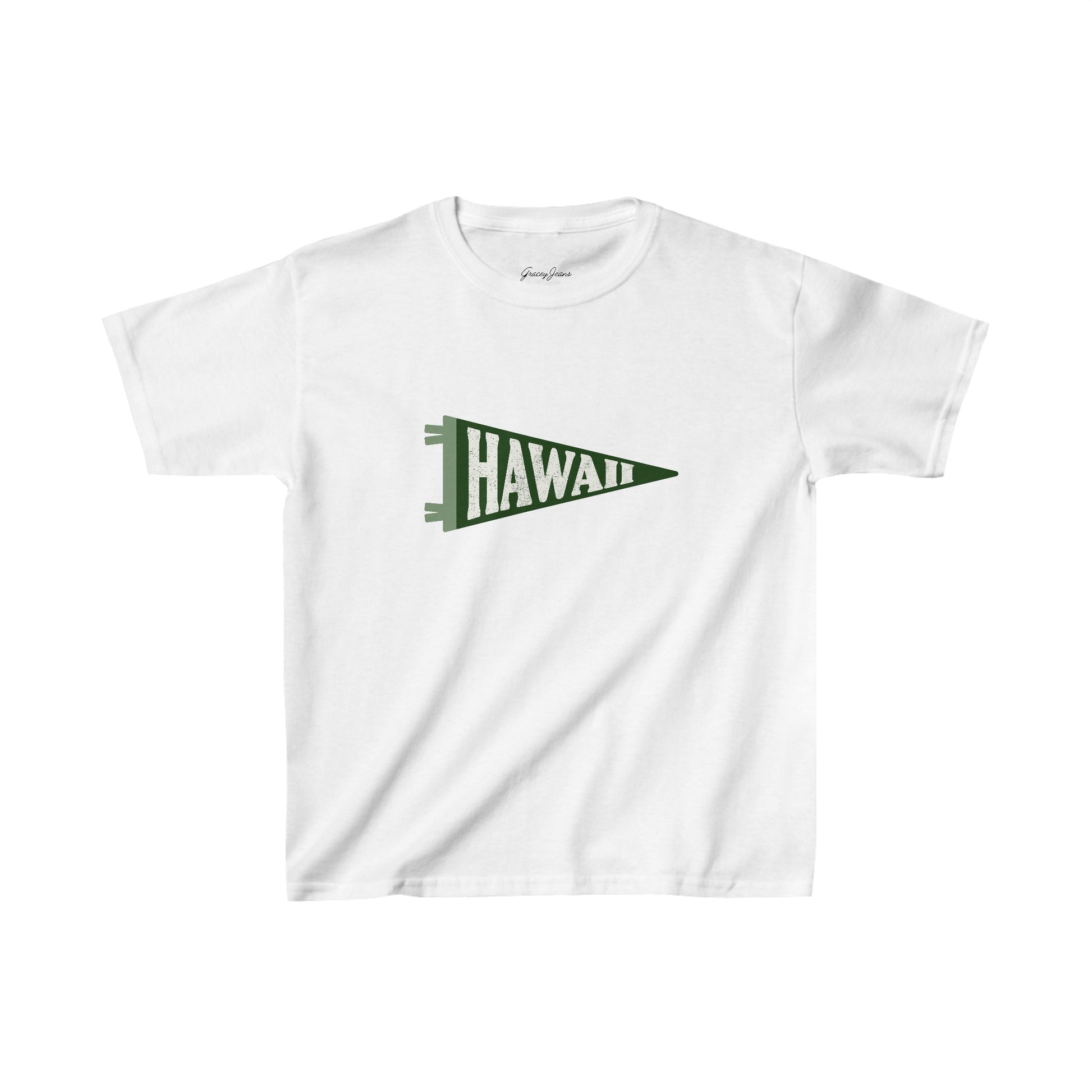 White baby tee with green Hawaii pennant graphic – retro college-style Y2K crop top, trendy cotton t-shirt for women’s summer fashion by Gracey Jeans