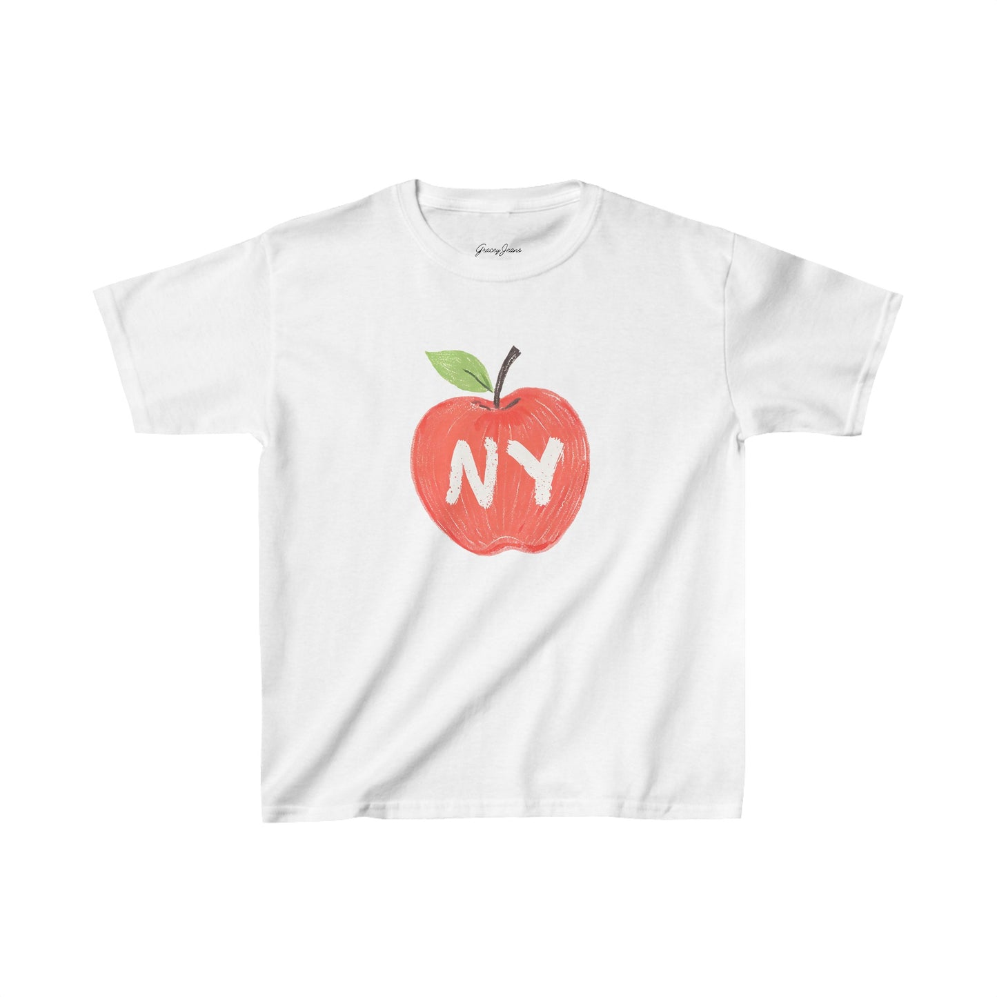 White baby tee with red apple NY New York graphic – cute and trendy Y2K crop top for women, retro fruit-themed cotton shirt inspired by New York style by Gracey Jeans