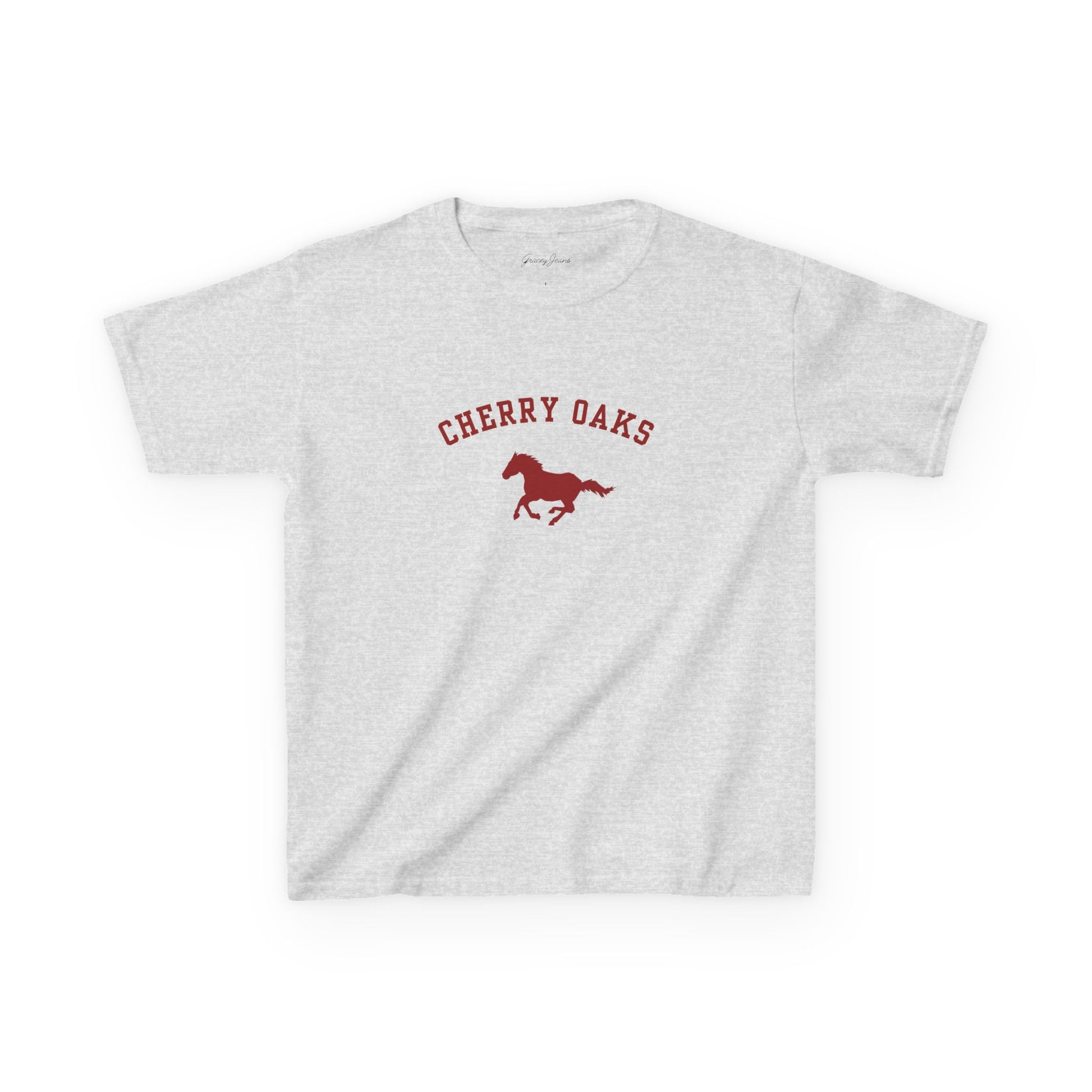 Heather gray white baby tee with red burgundy Cherry Oaks horse graphic – vintage-inspired western Y2K crop top for women, soft cotton retro shirt by Gracey Jeans