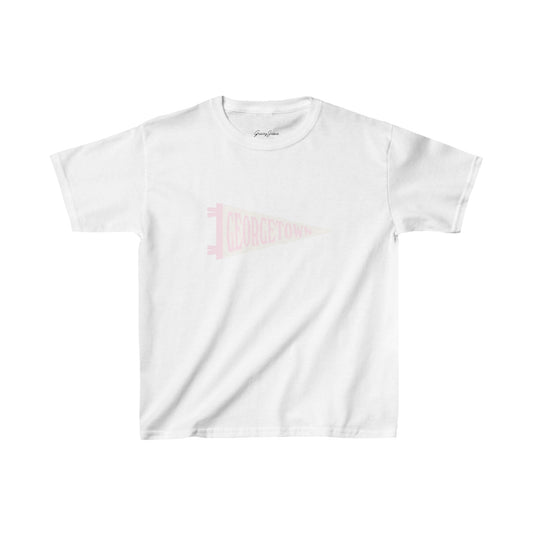 White baby tee with light pink Georgetown pennant graphic – retro college-style crop top, Y2K aesthetic cotton shirt for women, trendy summer fashion by Gracey Jeans
