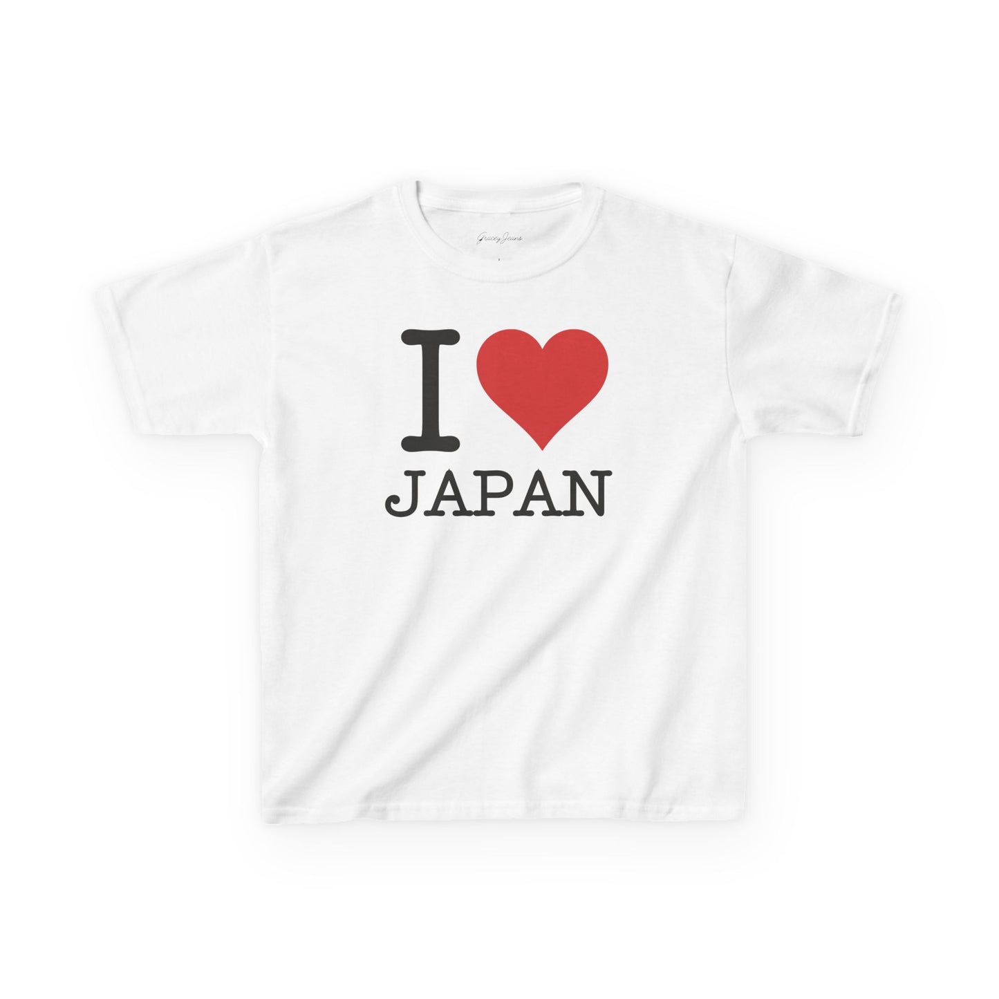 White baby tee with “I Love Japan” graphic and red heart – bold Y2K-inspired crop top for women, trendy travel aesthetic cotton shirt by Gracey Jeans