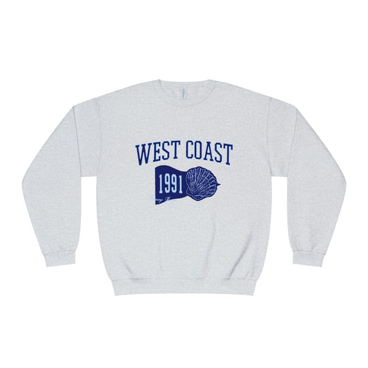 Heather gray crewneck sweatshirt with navy West Coast 1991 and seashell graphic – vintage beach-inspired pullover for women, cozy cotton fleece by Gracey Jeans