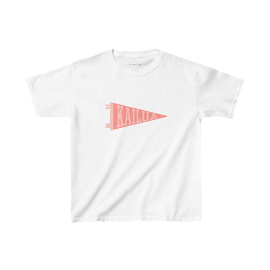 White baby tee with pink coral kailua hawaii pennant graphic – Y2K-inspired college-style crop top for women, cute and retro cotton shirt by Gracey Jeans