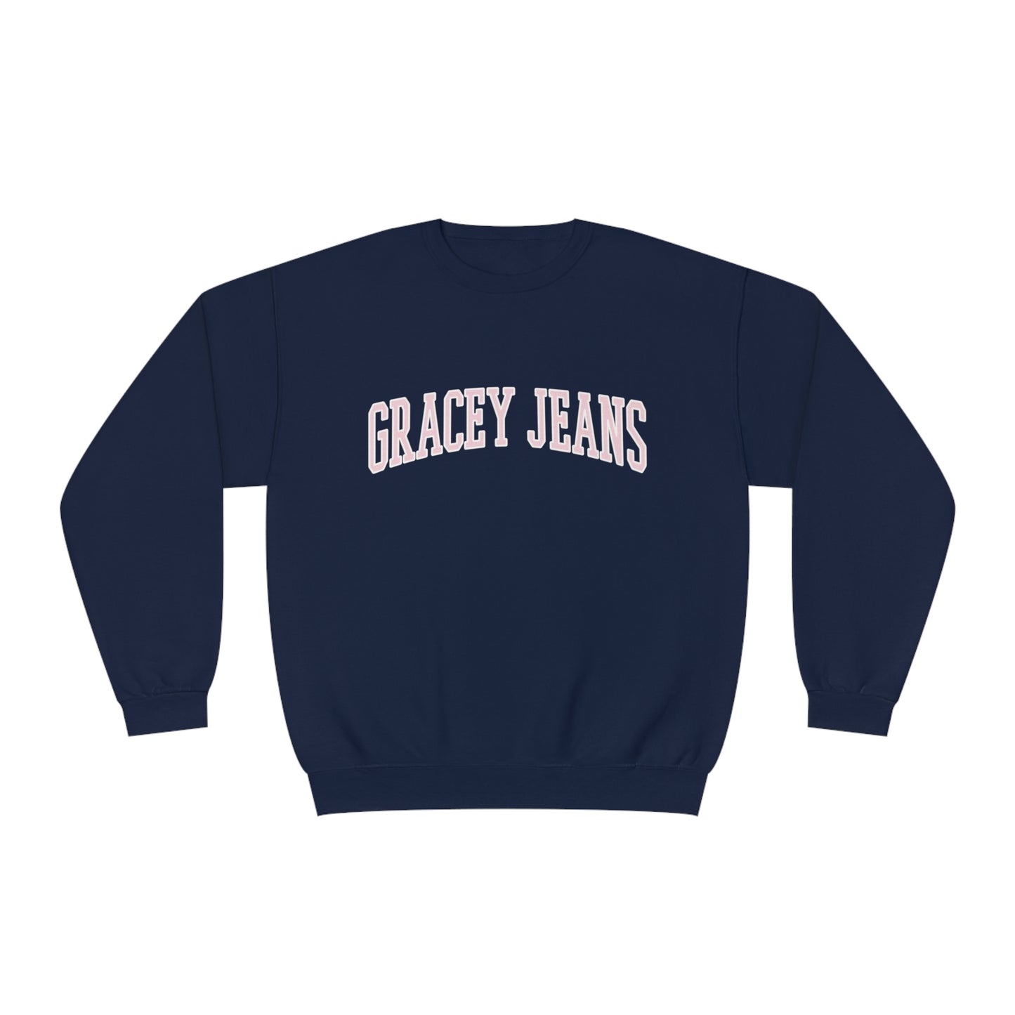 Red Ash grey gray navy crewneck sweatshirt with bold white pink GRACEY JEANS text – retro college-style oversized pullover for women, cozy cotton fleece by Gracey Jeans