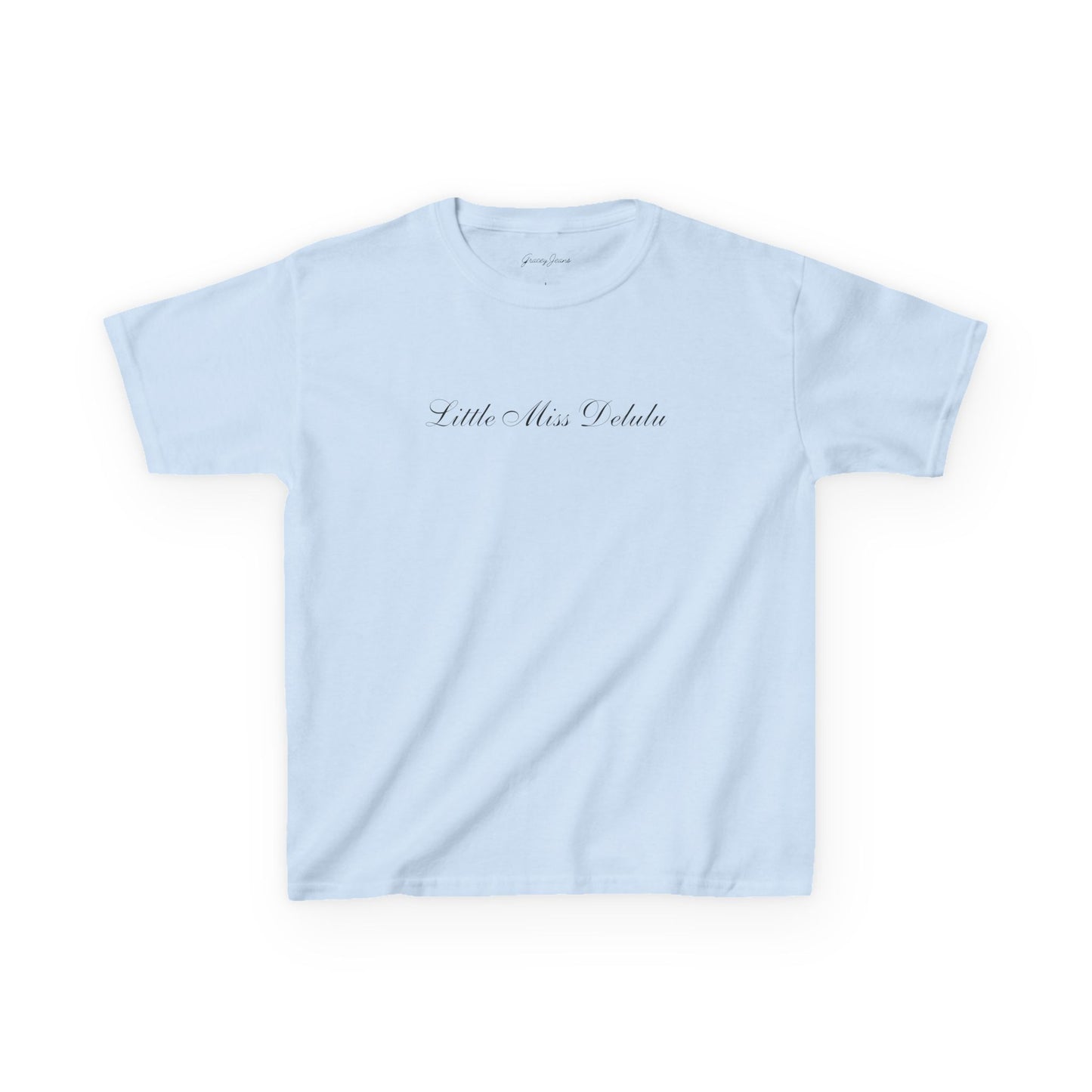 Light pink blue white baby tee with “Little Miss Delulu” script text – soft cotton Y2K crop top for women, trendy coquette aesthetic graphic tee by Gracey Jeans