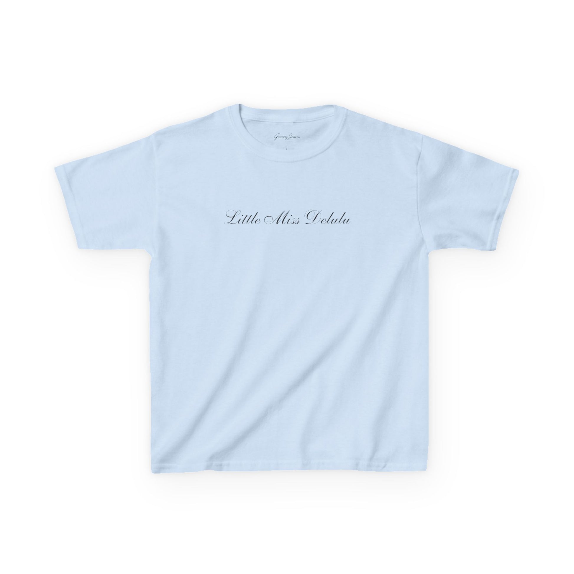 Light pink blue white baby tee with “Little Miss Delulu” script text – soft cotton Y2K crop top for women, trendy coquette aesthetic graphic tee by Gracey Jeans