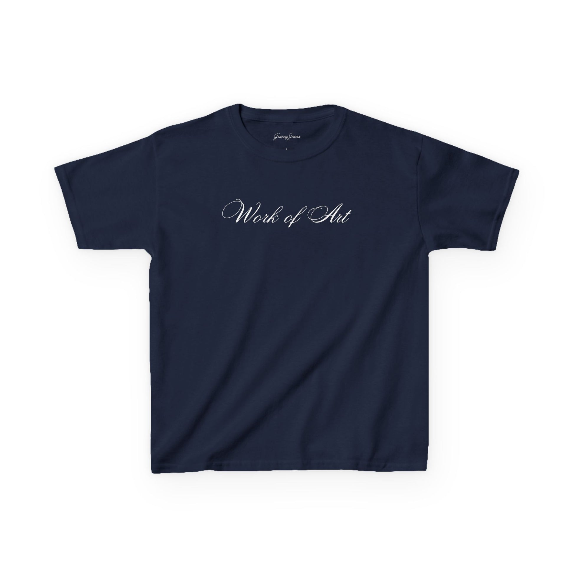 Navy black baby tee with white script text that says “Work of Art” – elegant and trendy Y2K crop top for women, soft cotton aesthetic shirt by Gracey Jeans