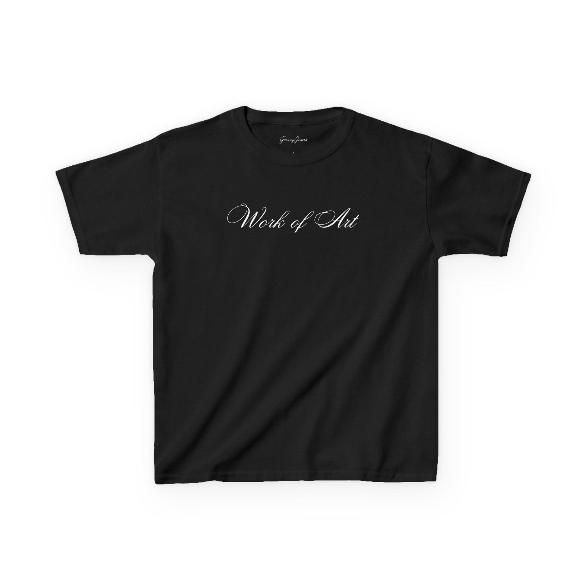 Navy black baby tee with white script text that says “Work of Art” – elegant and trendy Y2K crop top for women, soft cotton aesthetic shirt by Gracey Jeans