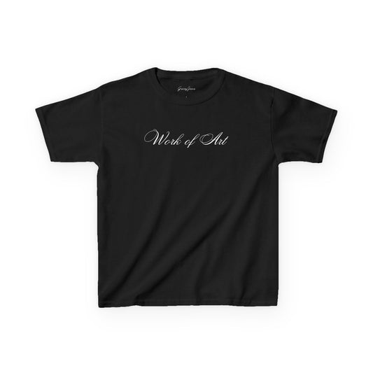 Navy black baby tee with white script text that says “Work of Art” – elegant and trendy Y2K crop top for women, soft cotton aesthetic shirt by Gracey Jeans