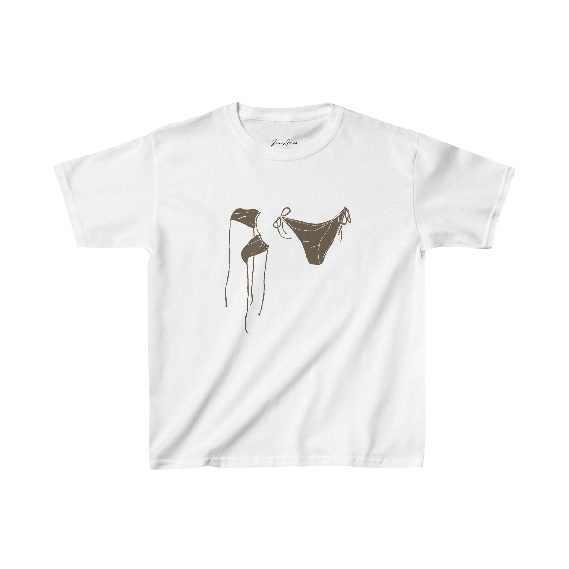 White baby tee with brown bikini graphic, Y2K-inspired summer crop top for women, soft cotton beach shirt – Gracey Jeans