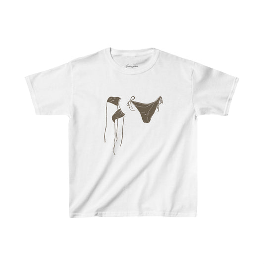 White baby tee with brown bikini graphic, Y2K-inspired summer crop top for women, soft cotton beach shirt – Gracey Jeans