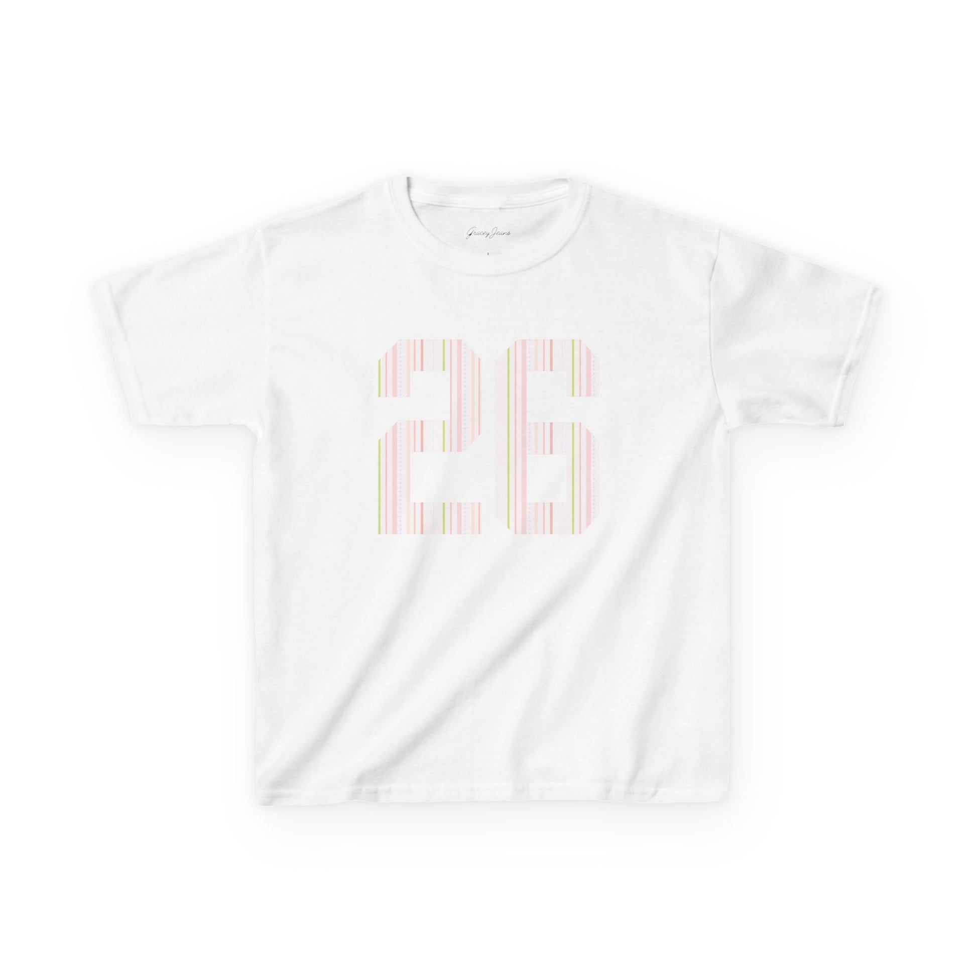 White baby tee with pastel summer striped 26 graphic – soft Y2K jersey-style crop top for women, cute and colorful cotton shirt by Gracey Jeans